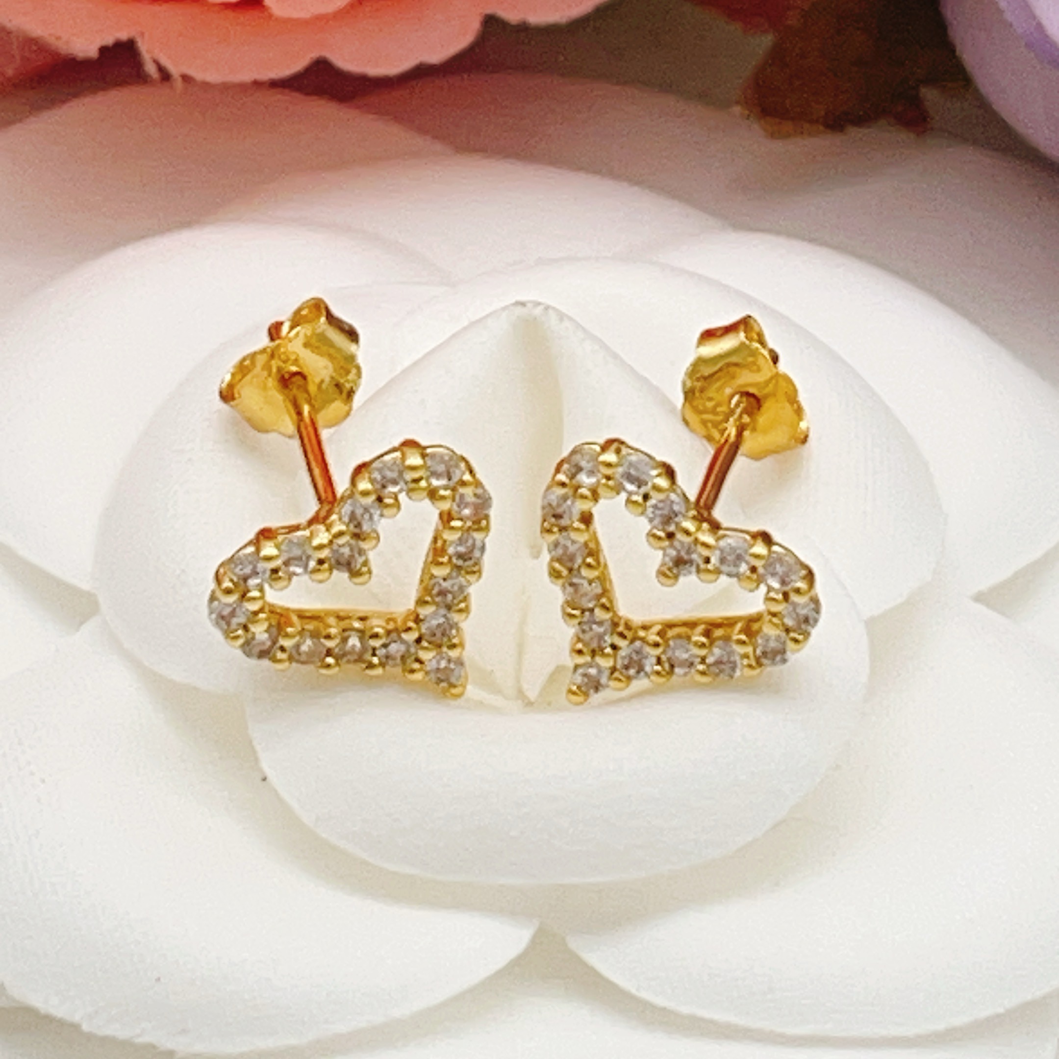 Tiffany Skeleton Heart earrings gold-tone metal with clear pave stones 8mm stud diameter