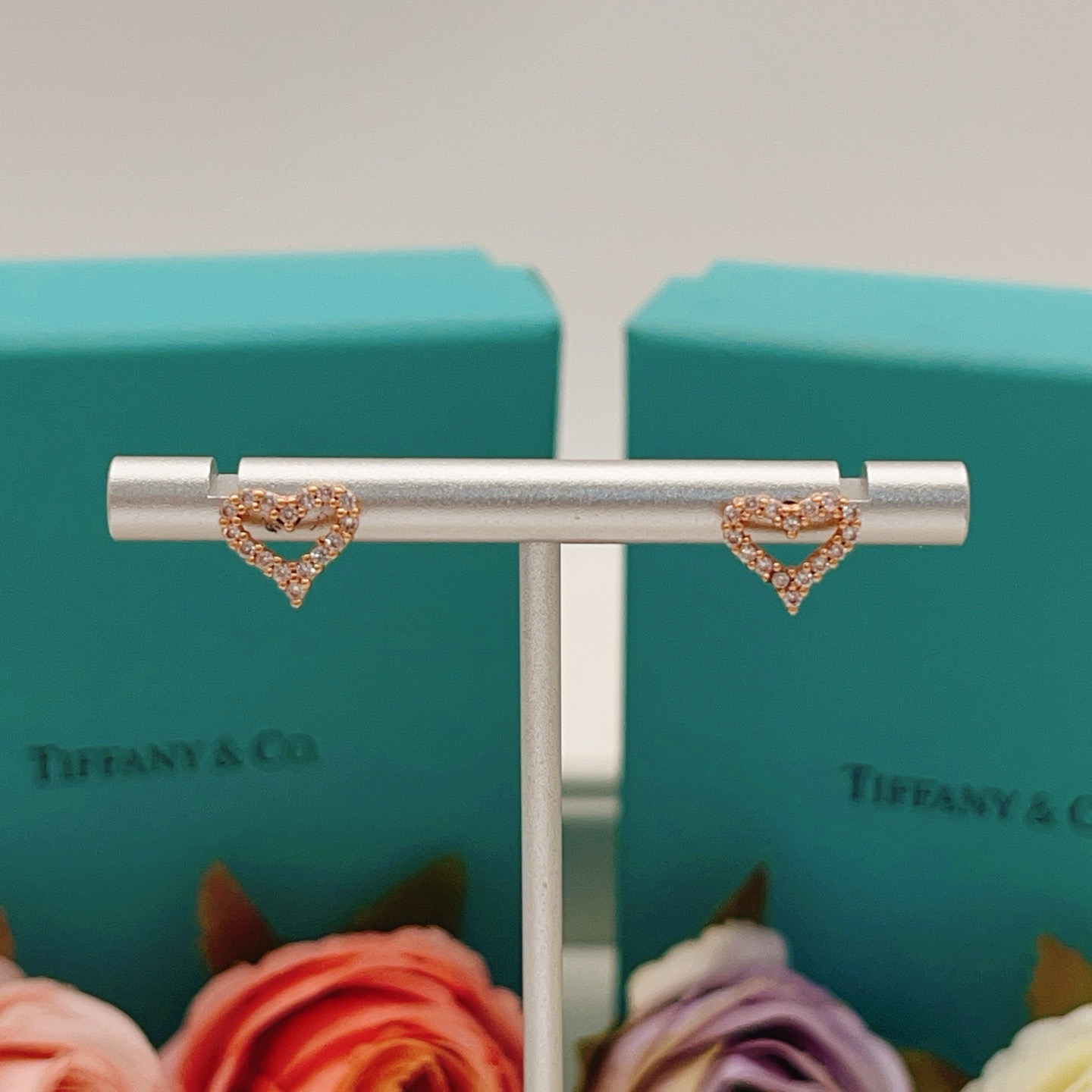 Tiffany Skeleton ZP Heart Stud Earrings earrings Available in yellow gold rose gold and silver-toned metal all set with clear faceted stones 8mm stud diameter