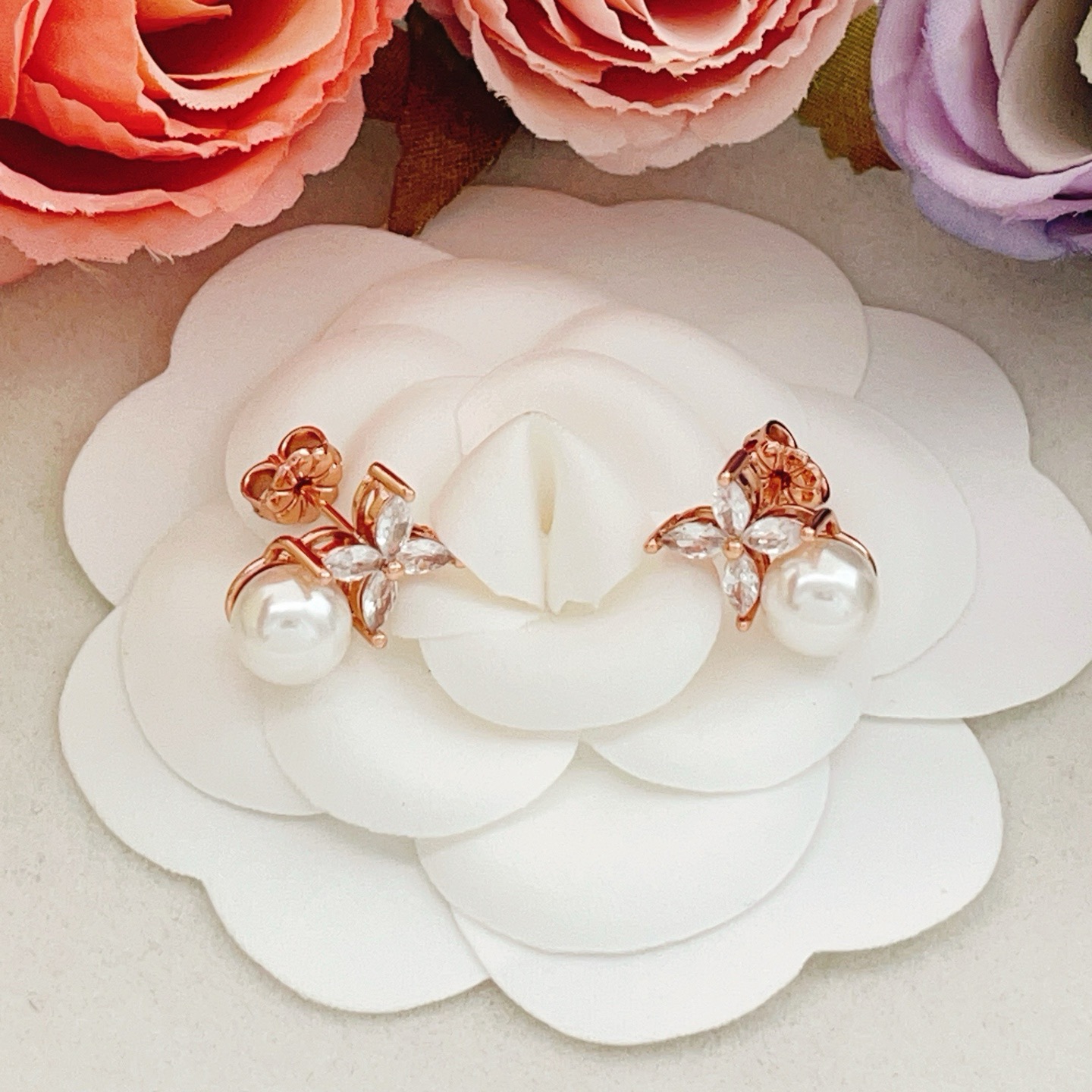 Tiffany Co Victoria Pearl earrings rose gold metal clear diamond accents white freshwater pearl 8mm pearl diameter