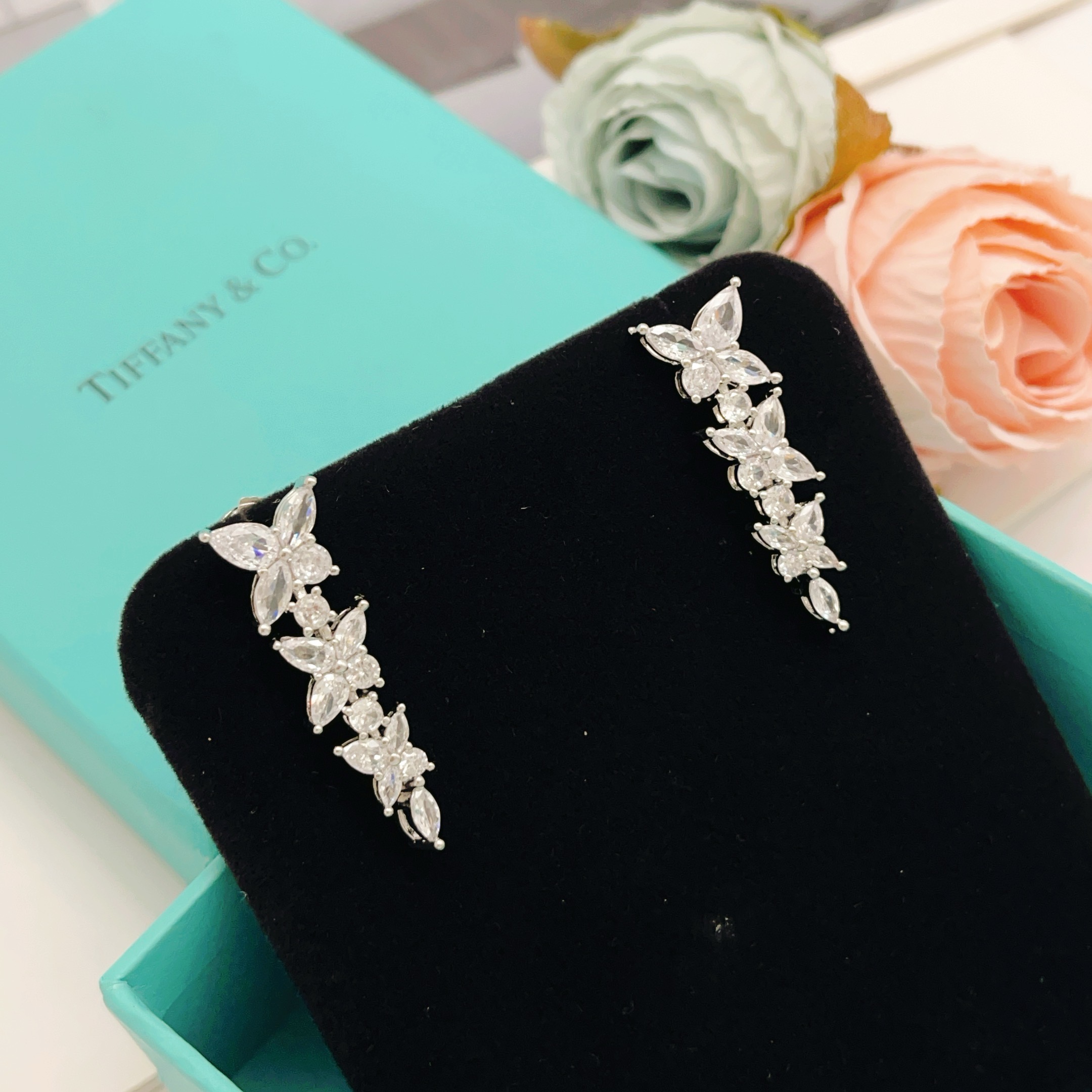 Tiffany Co Victoria Diamond Cluster Drop Earrings earrings silver-toned platinum metal with clear white diamonds 3cm drop length