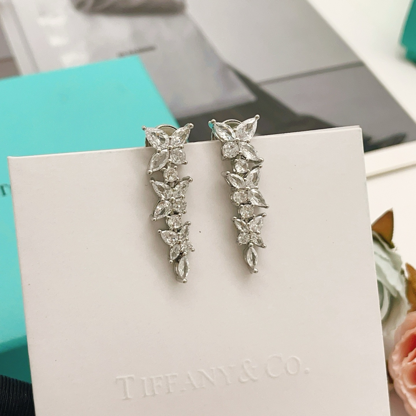 Tiffany Co Victoria Diamond Cluster Drop Earrings earrings silver-toned platinum metal with clear white diamonds 3cm drop length