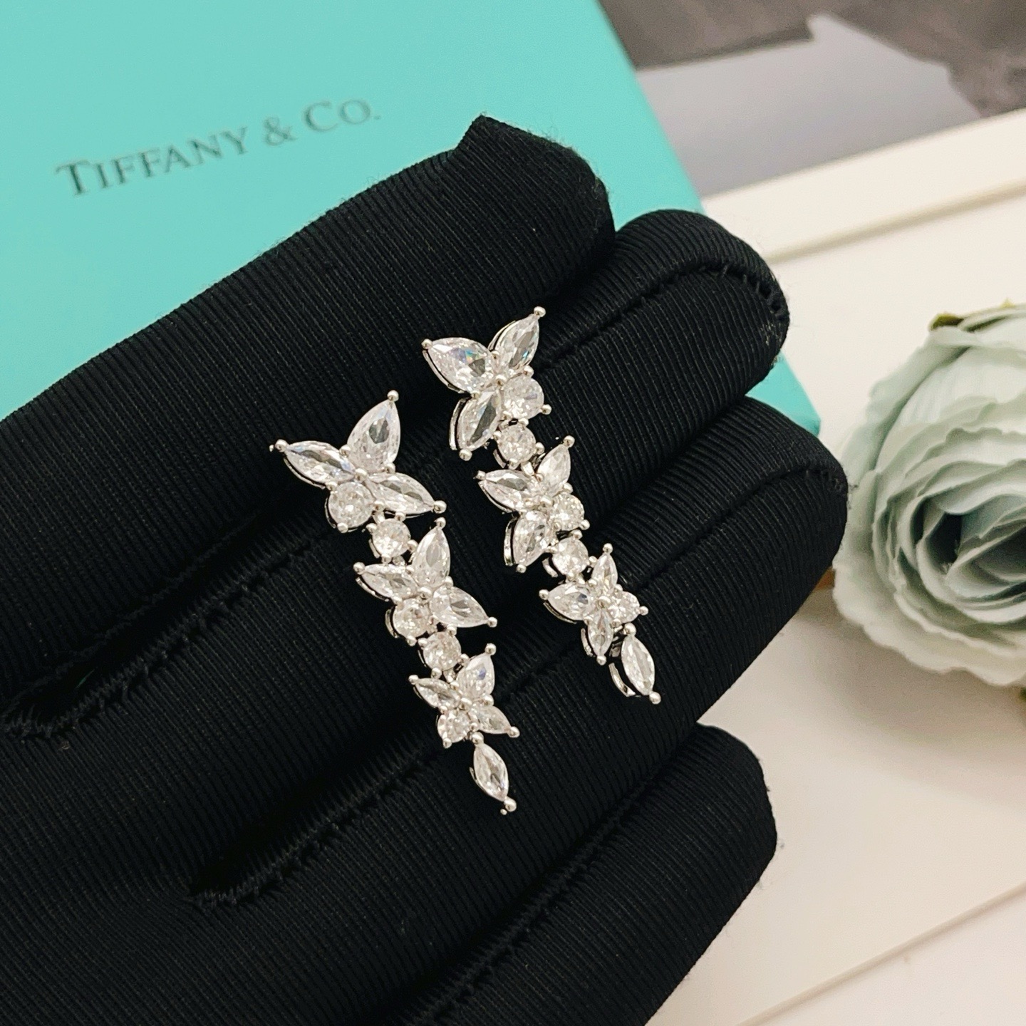 Tiffany Co Victoria Diamond Cluster Drop Earrings earrings silver-toned platinum metal with clear white diamonds 3cm drop length