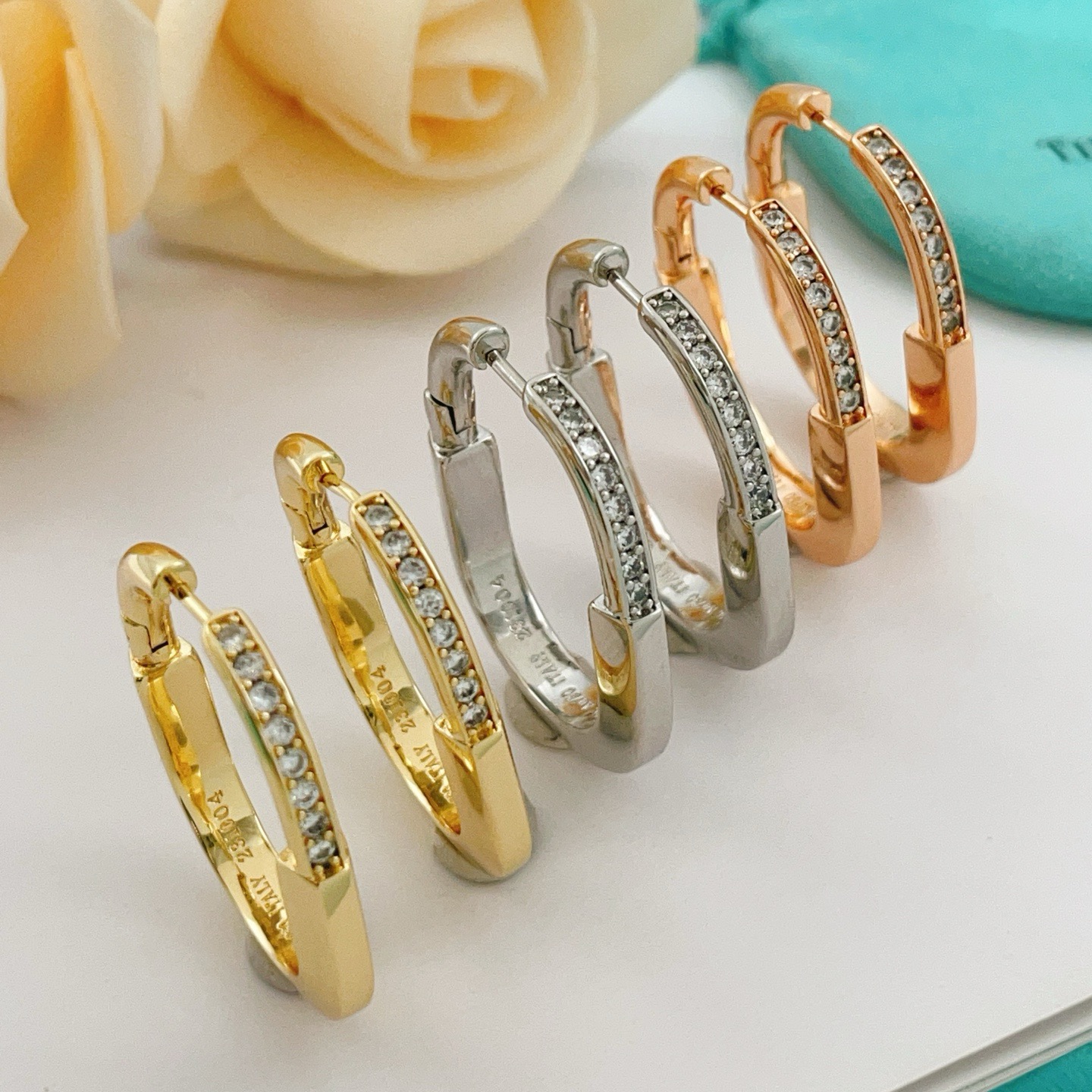 Tiffany Lock earrings 18k rose gold with clear diamond accents 20mm outer diameter