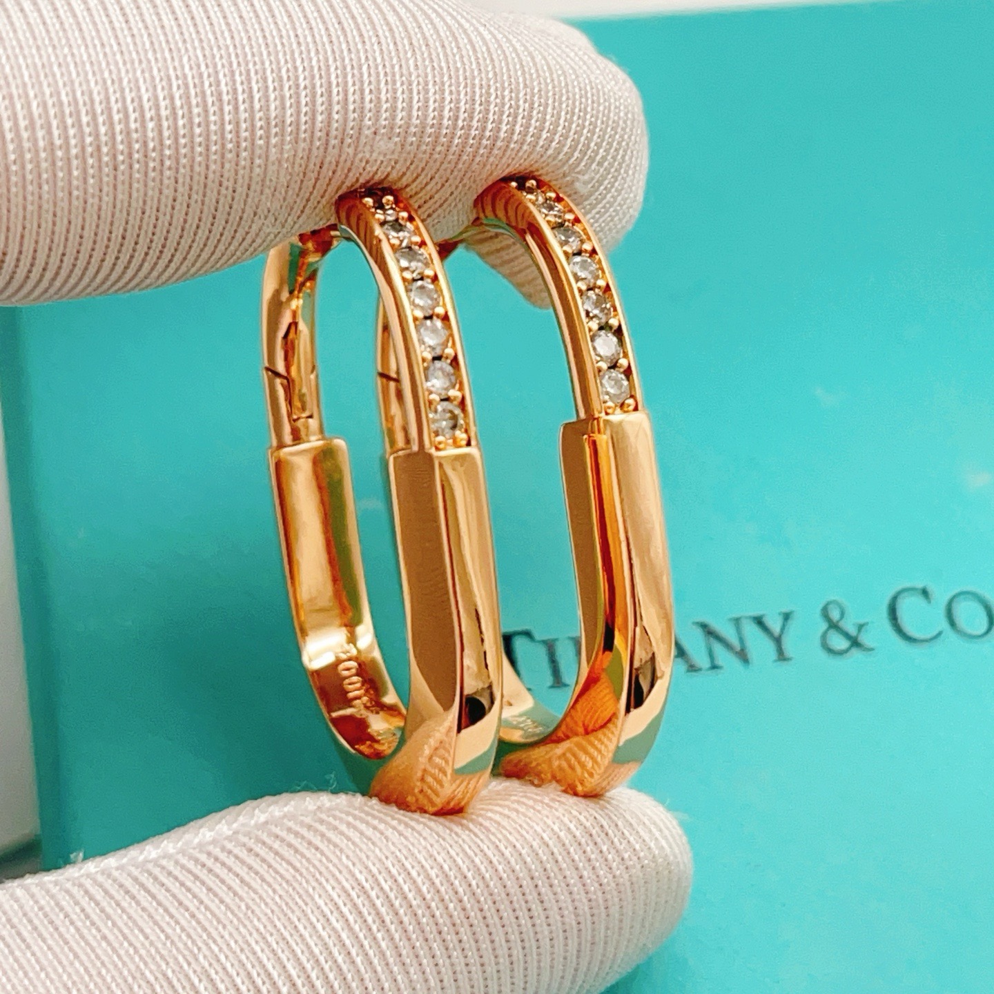 Tiffany Lock earrings 18k rose gold with clear diamond accents 20mm outer diameter