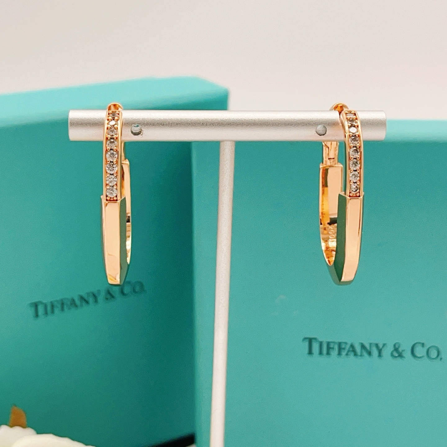 Tiffany Lock earrings 18k rose gold with clear diamond accents 20mm outer diameter