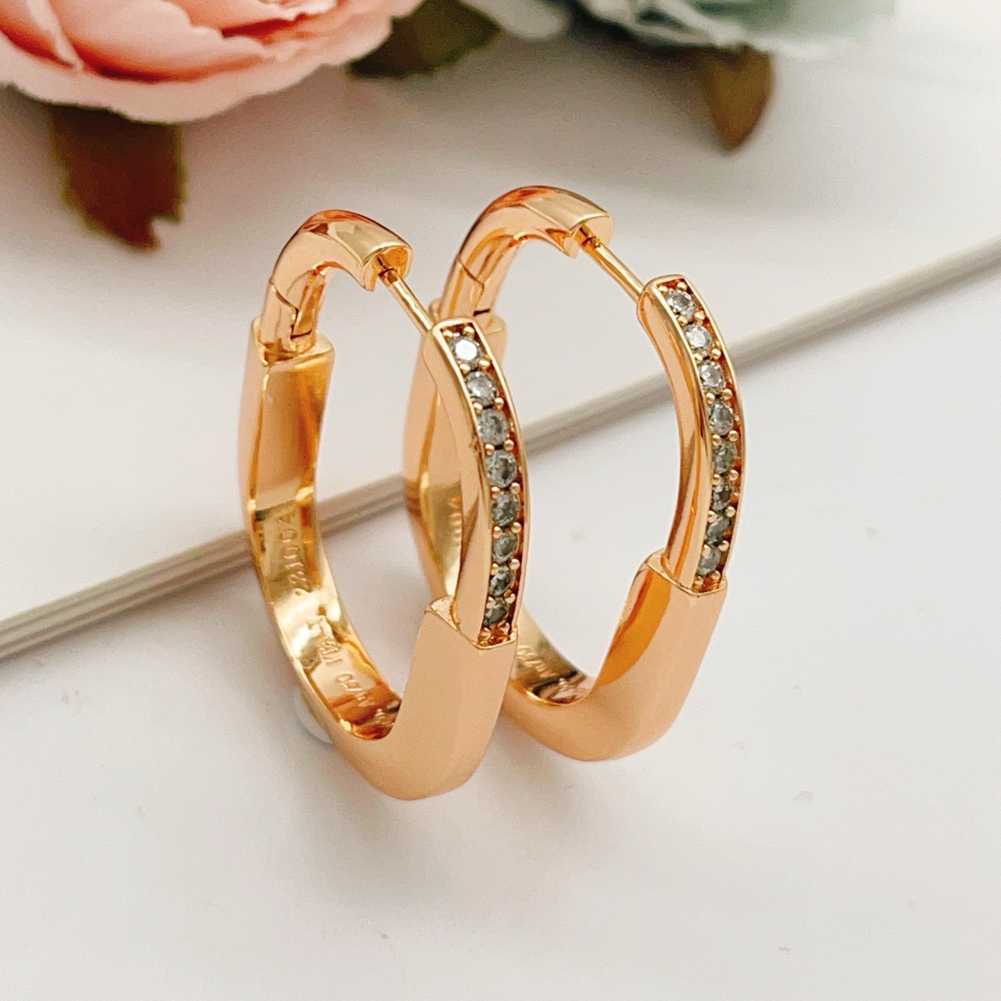Tiffany Lock earrings 18k rose gold with clear diamond accents 20mm outer diameter