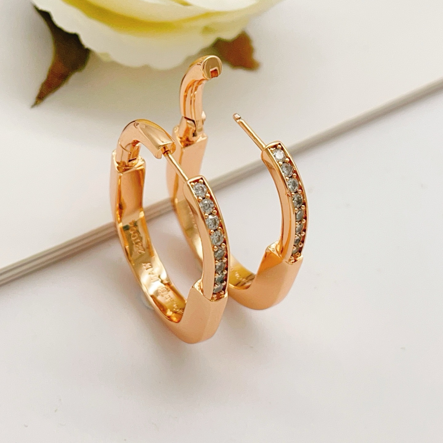 Tiffany Lock earrings 18k rose gold with clear diamond accents 20mm outer diameter