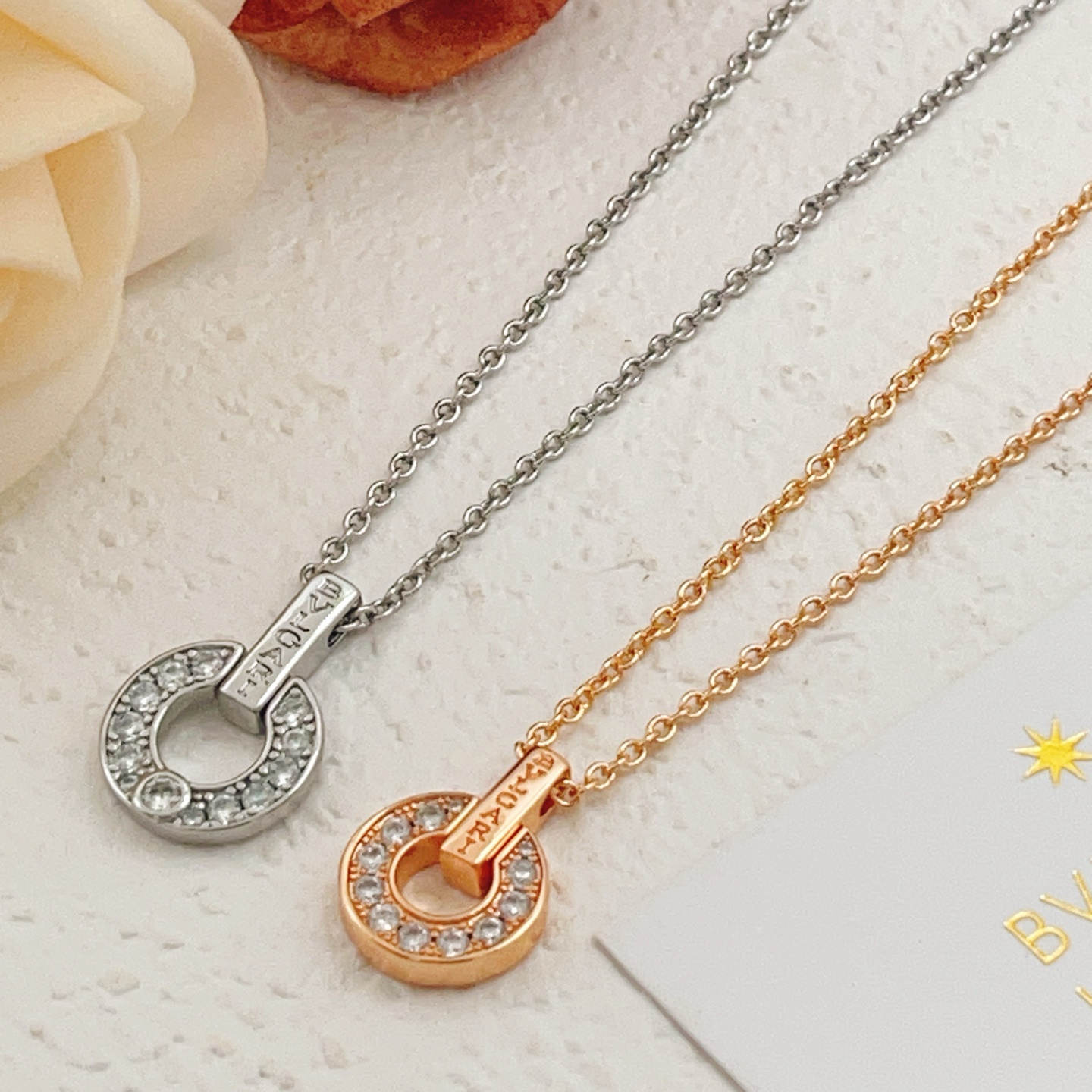 Bvlgari BVLGARIBvlgari necklace silver-toned metal with clear pave diamonds rose gold-toned metal with clear pave diamonds 40-45cm adjustable