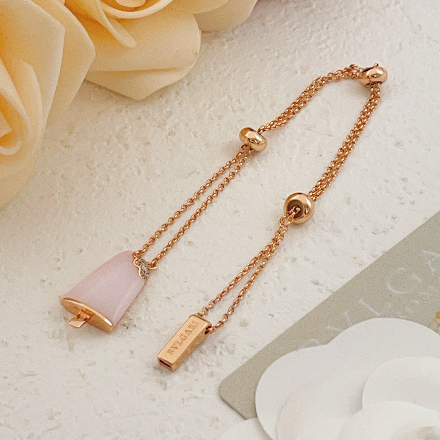 Bvlgari BVLGARIBvlgari Gelato Ice Cream bracelet rose gold metal with pink opal stone and diamond accents adjustable 16-19cm