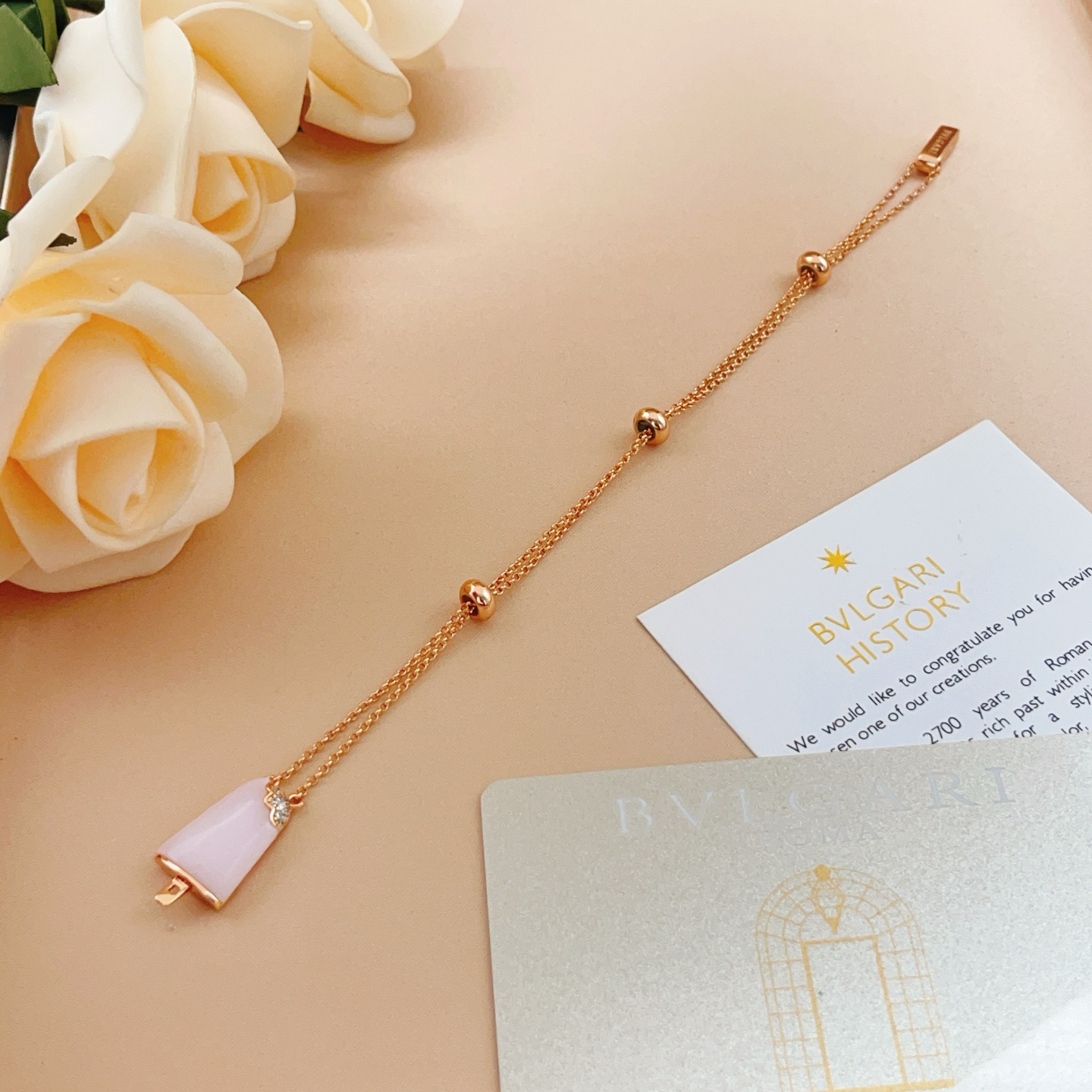 Bvlgari BVLGARIBvlgari Gelato Ice Cream bracelet rose gold metal with pink opal stone and diamond accents adjustable 16-19cm