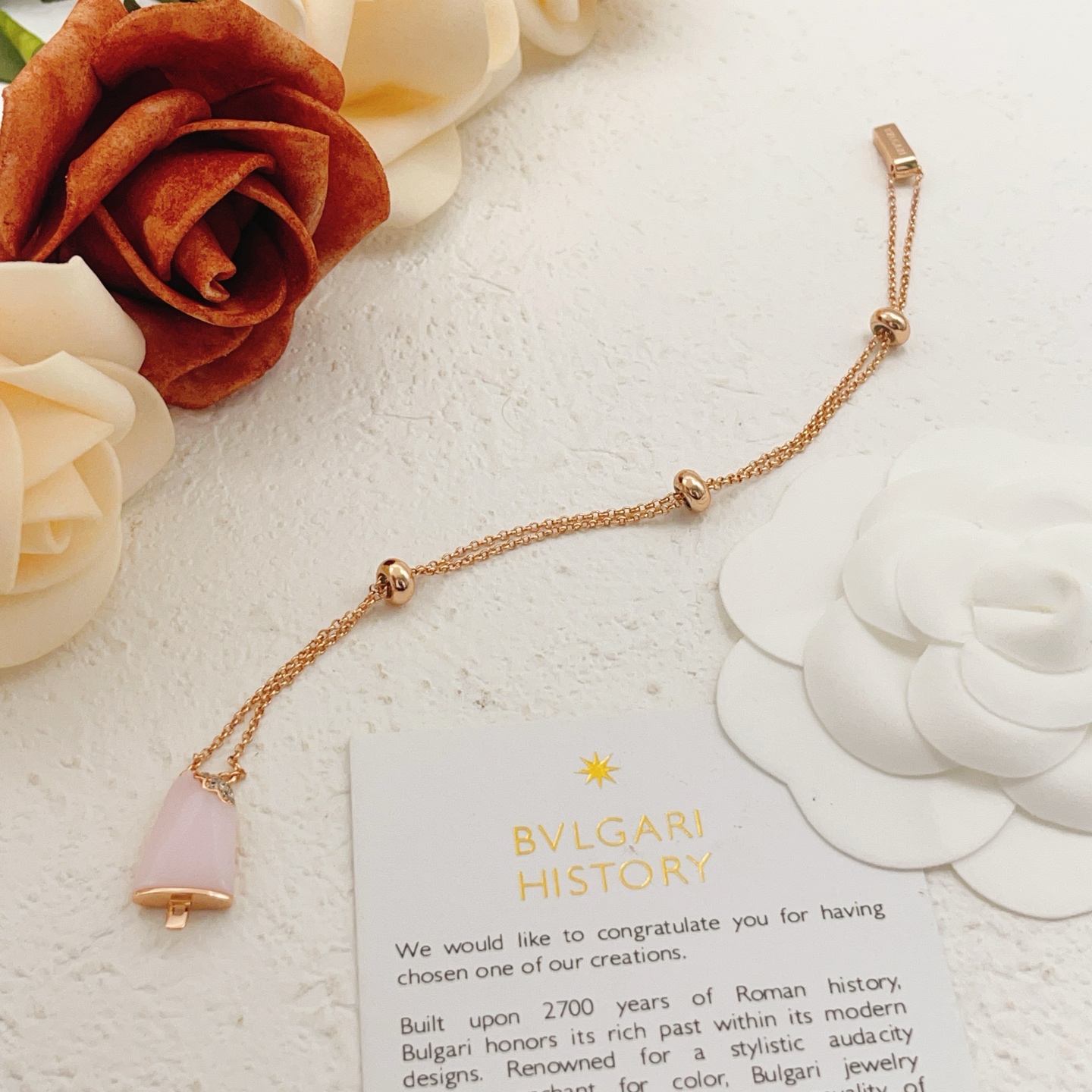 Bvlgari BVLGARIBvlgari Gelato Ice Cream bracelet rose gold metal with pink opal stone and diamond accents adjustable 16-19cm