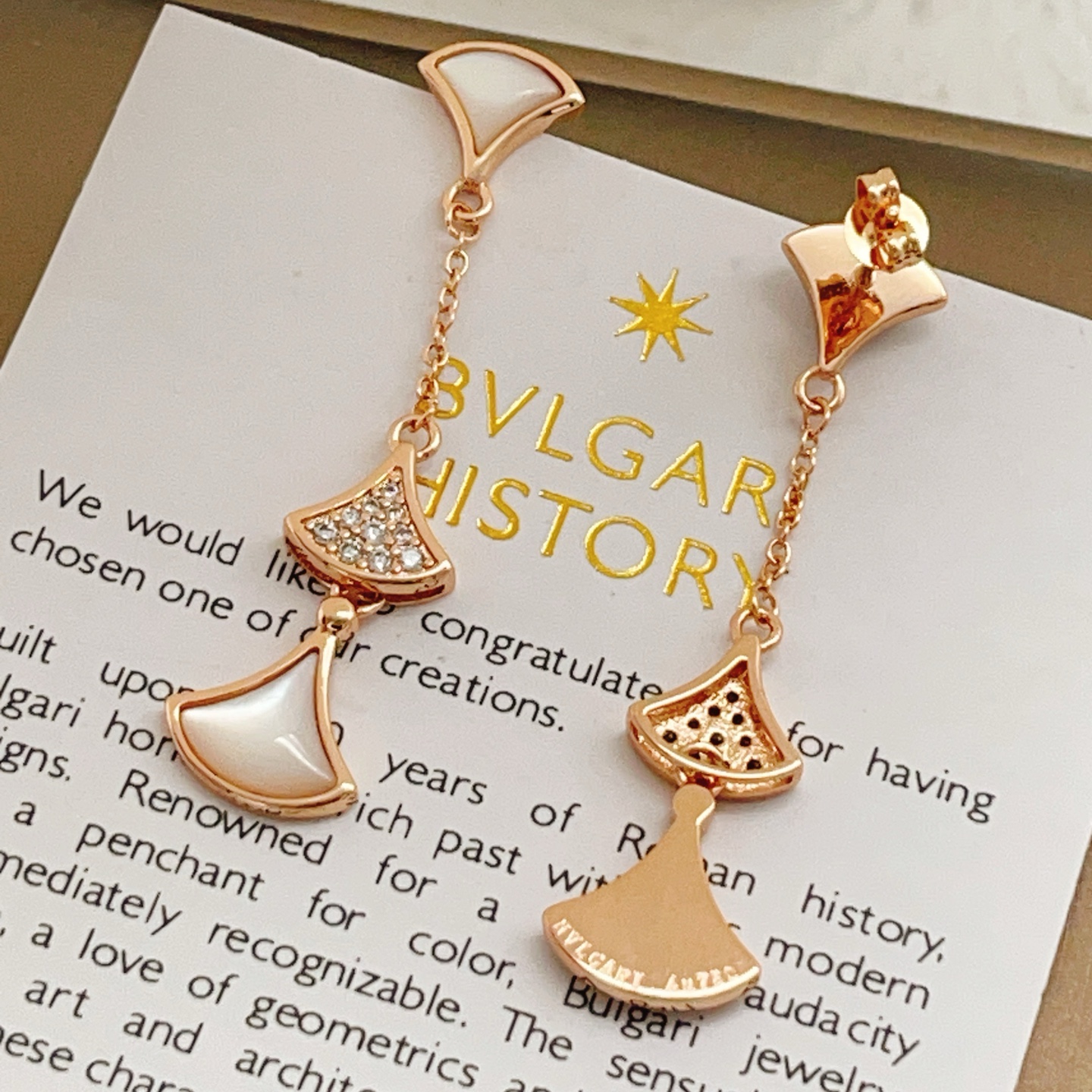 Bvlgari Divas Dream earrings Rose gold metal with white mother-of-pearl and clear pave diamonds 3 8cm drop length