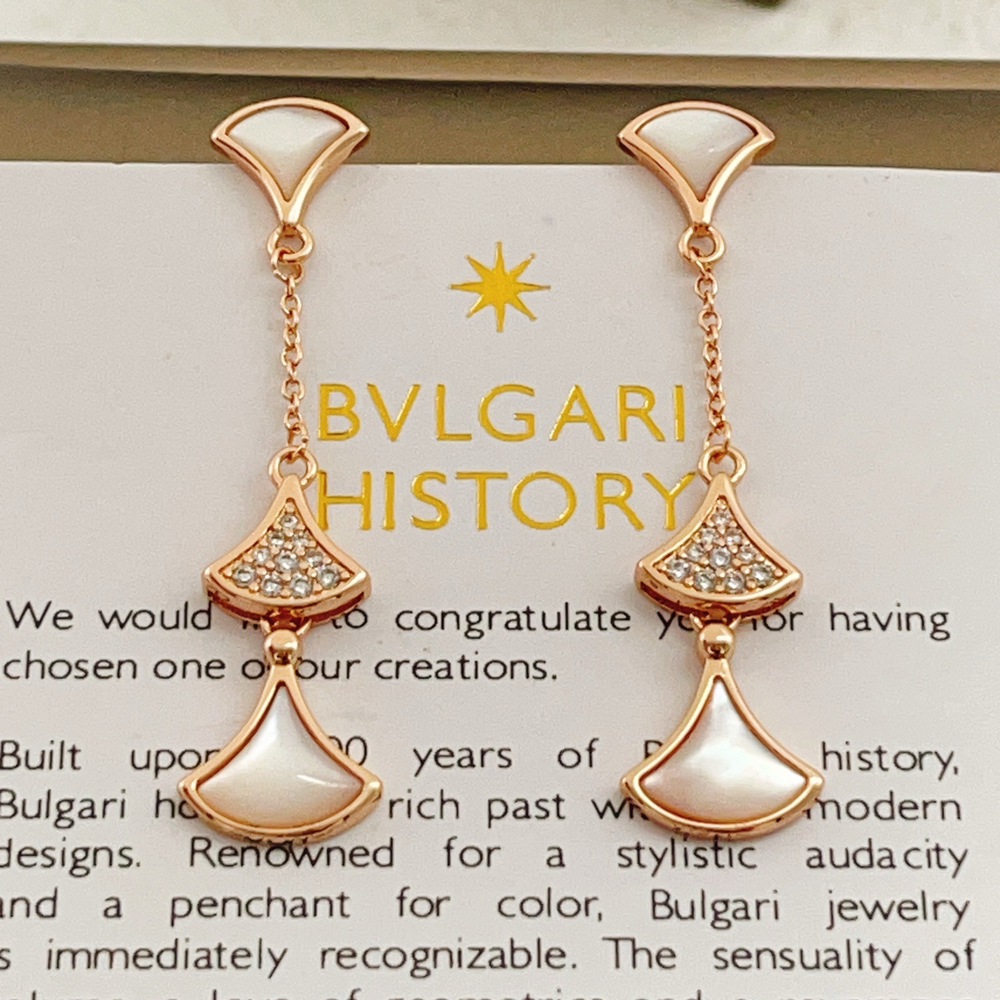 Bvlgari Divas Dream earrings Rose gold metal with white mother-of-pearl and clear pave diamonds 3 8cm drop length