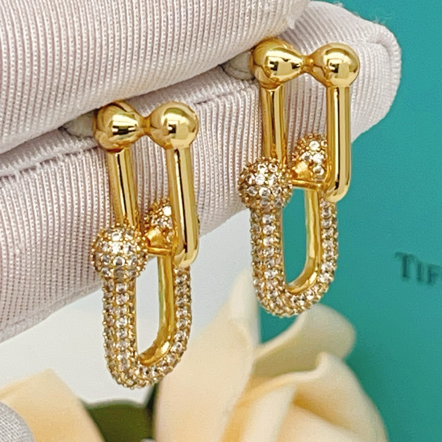 Tiffany HardWear earrings yellow gold with clear pave diamonds 2 5cm drop length