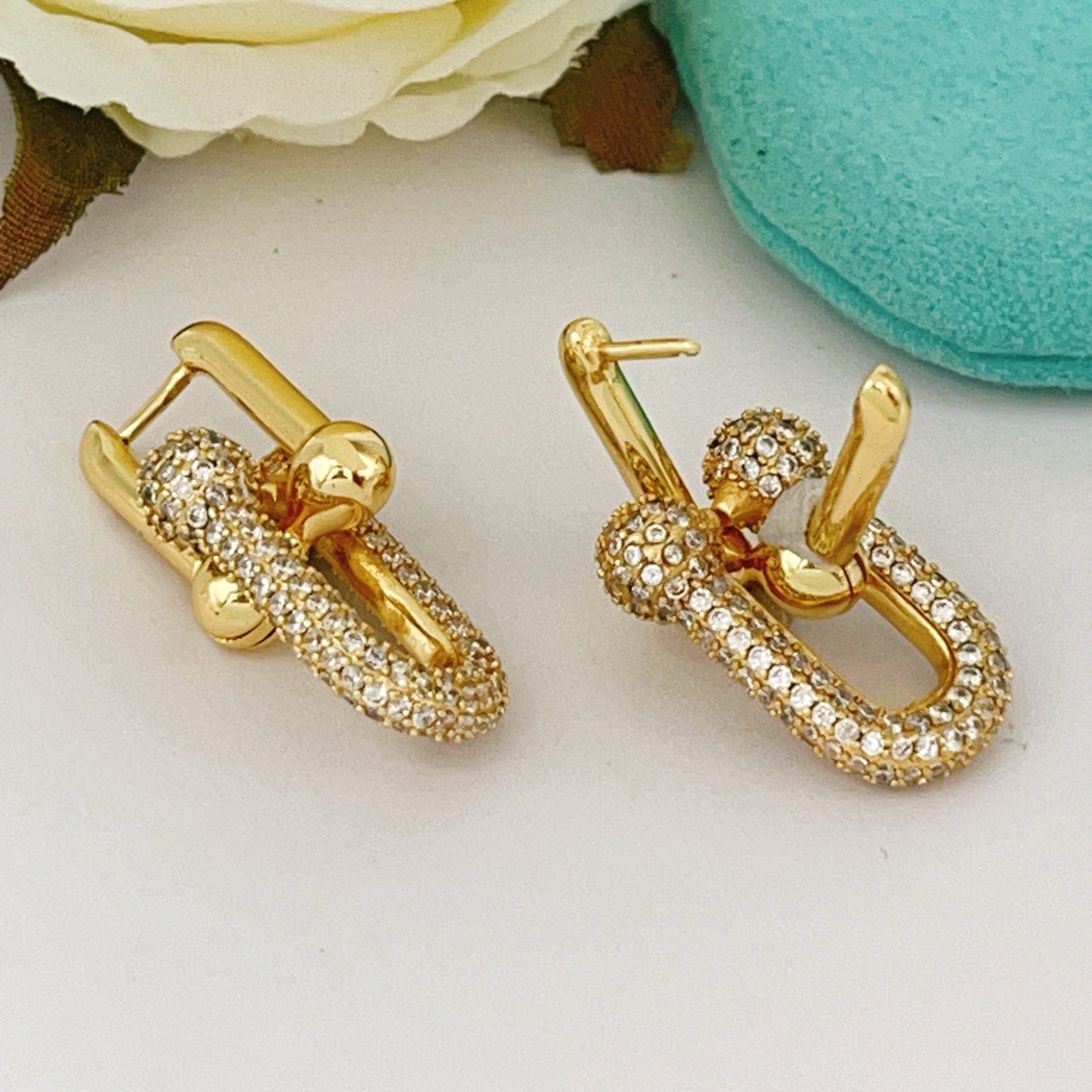 Tiffany HardWear earrings yellow gold with clear pave diamonds 2 5cm drop length