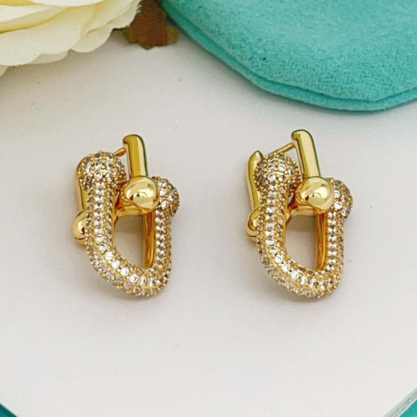 Tiffany HardWear earrings yellow gold with clear pave diamonds 2 5cm drop length