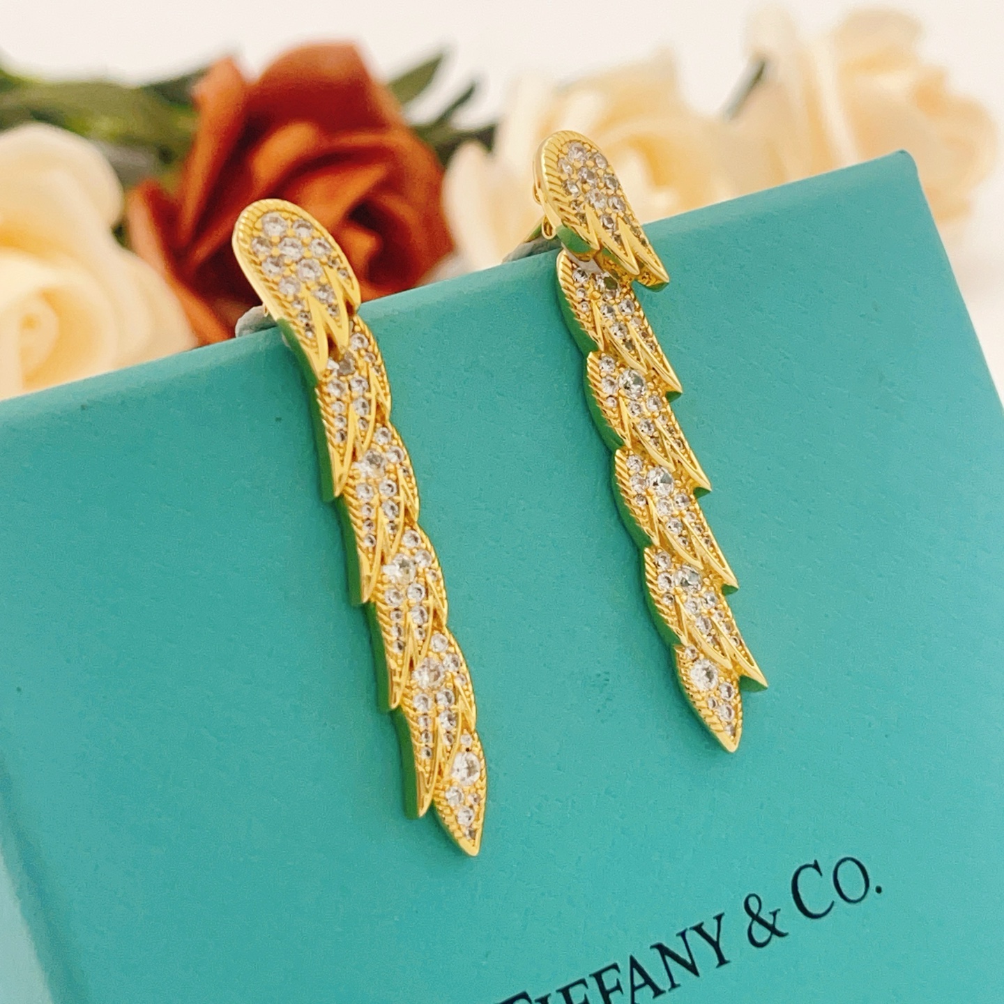 Tiffany Feather Drop Earrings earrings Yellow gold with clear diamond simulants 4cm length