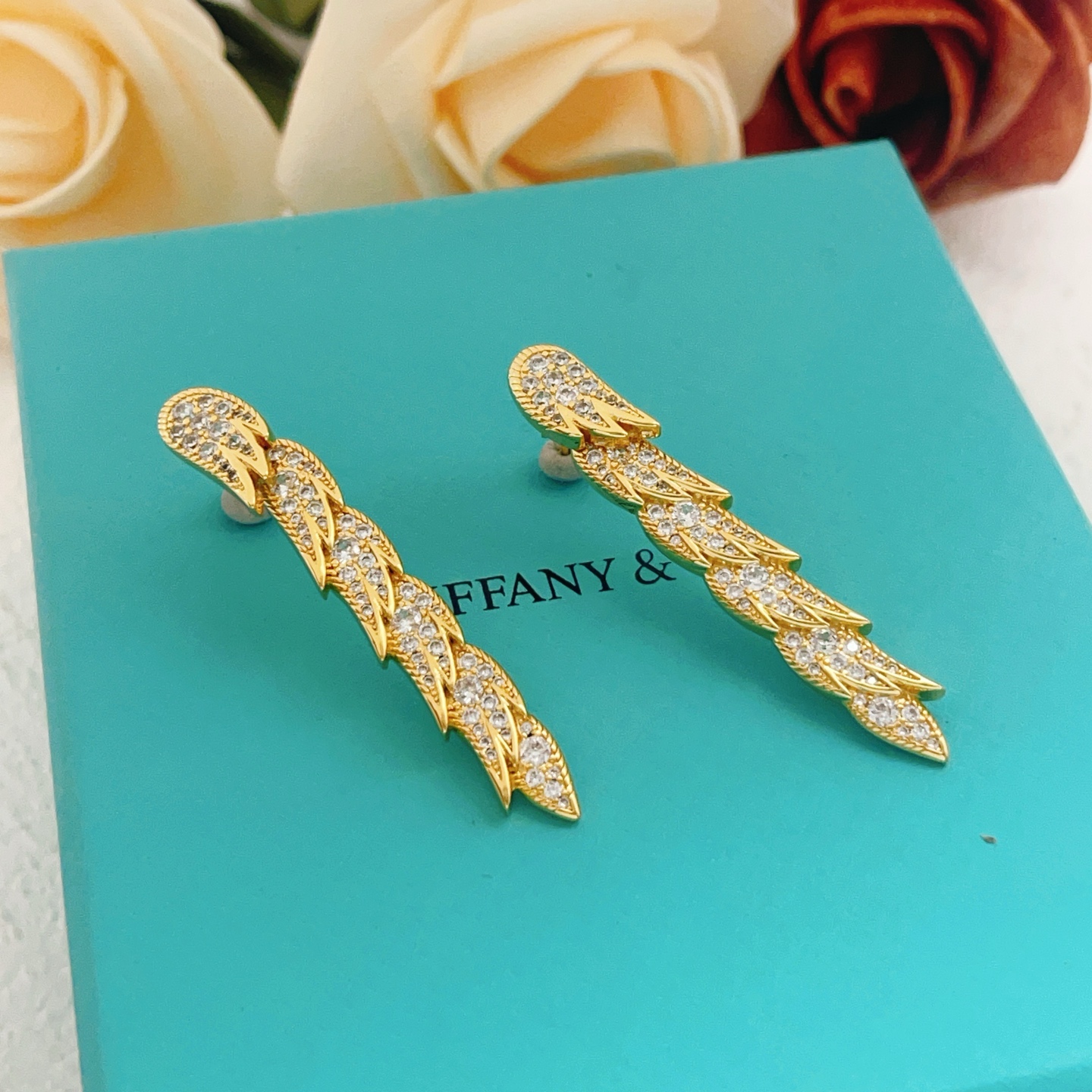 Tiffany Feather Drop Earrings earrings Yellow gold with clear diamond simulants 4cm length