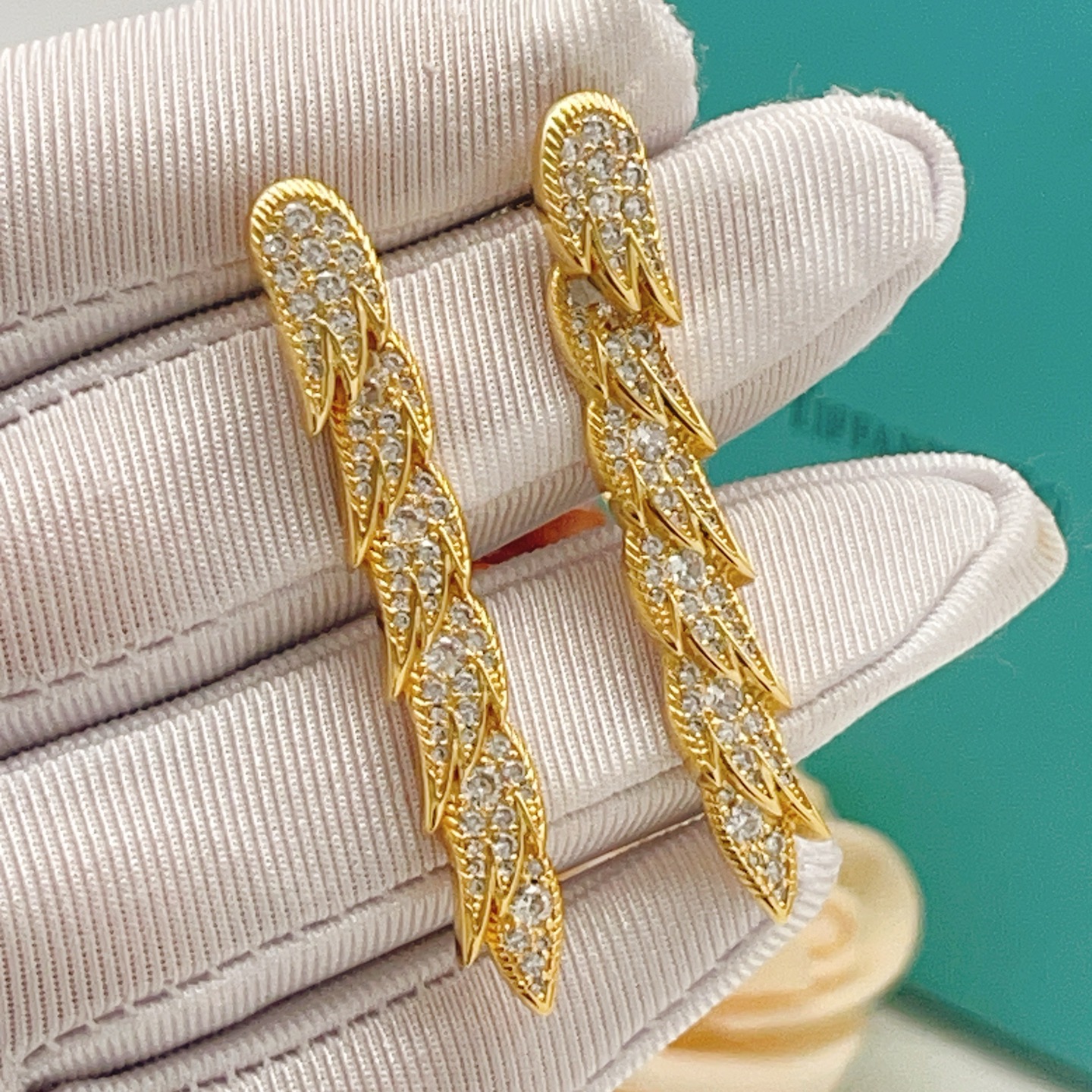 Tiffany Feather Drop Earrings earrings Yellow gold with clear diamond simulants 4cm length