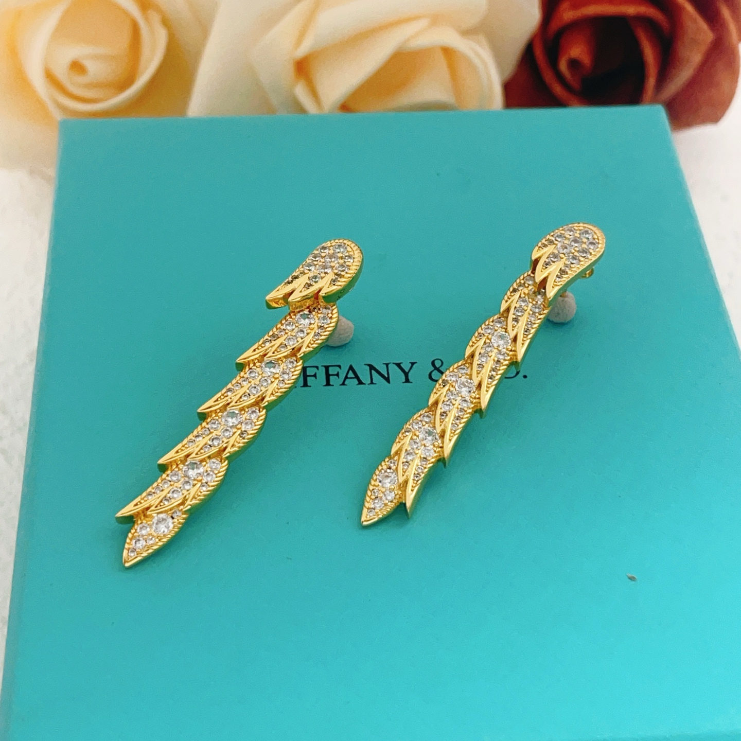 Tiffany Feather Drop Earrings earrings Yellow gold with clear diamond simulants 4cm length