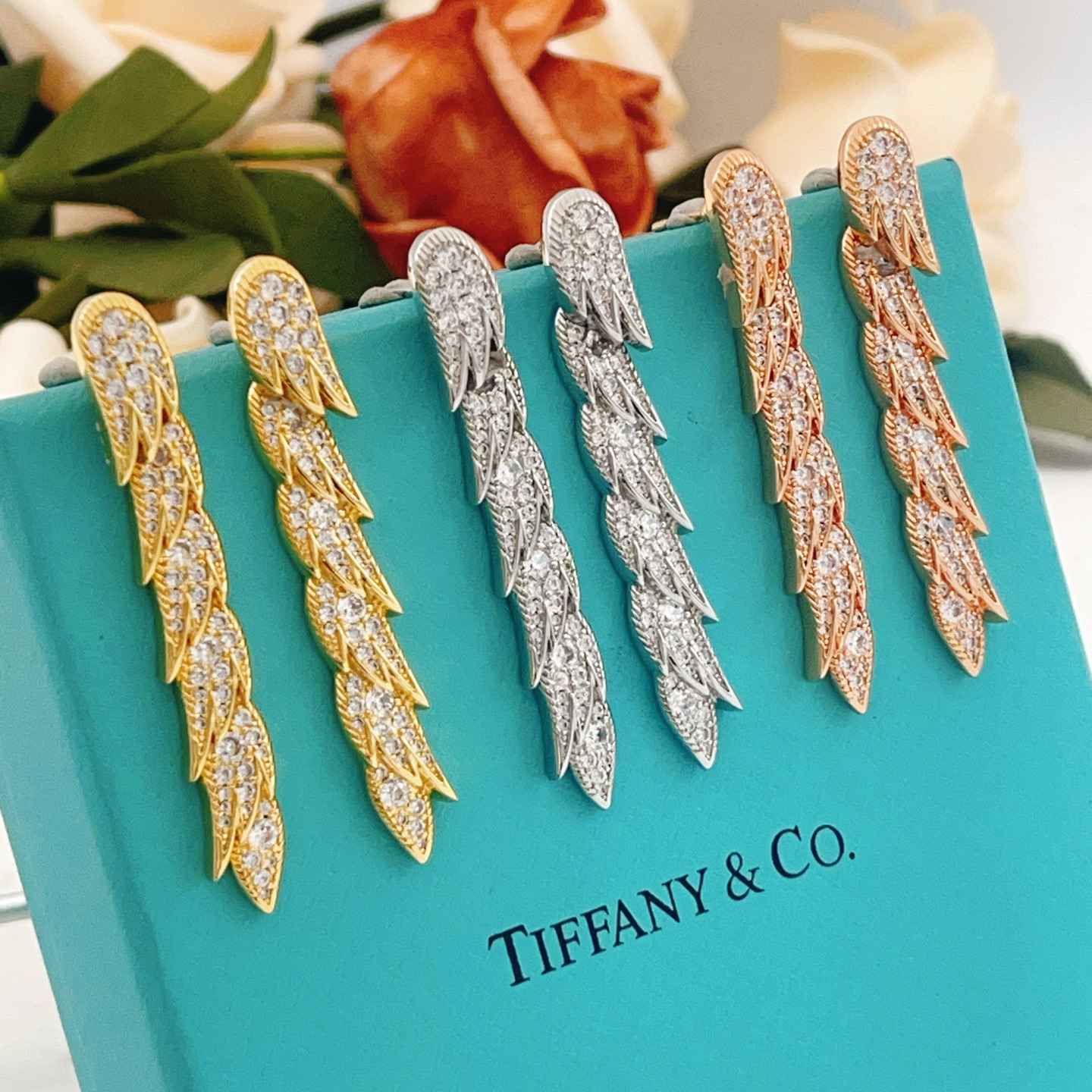 Tiffany Co Feather Pave Drop Earrings earrings Available in 18k yellow gold with clear diamonds 18k white gold with clear diamonds 18k rose gold with clear diamonds 4 5cm drop length