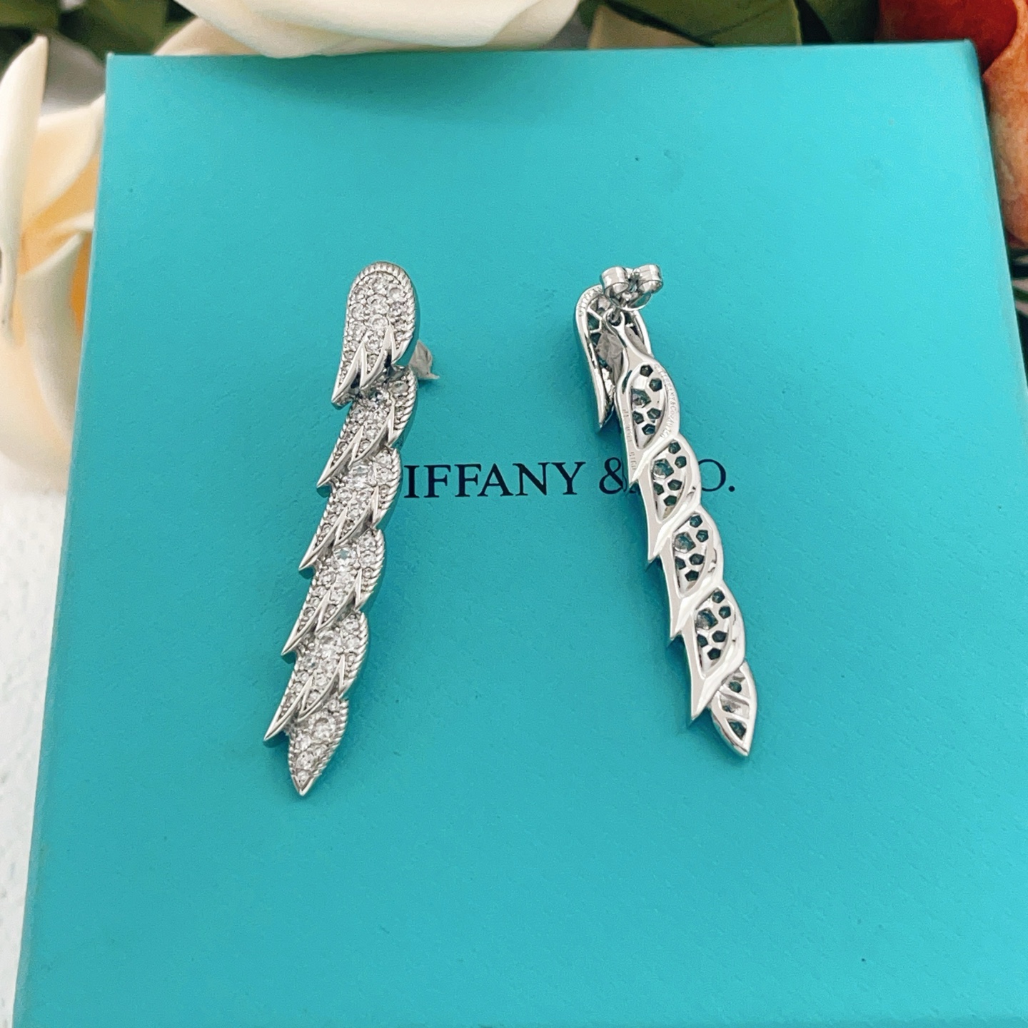 Tiffany Co Feather Pave Drop Earrings earrings Available in 18k yellow gold with clear diamonds 18k white gold with clear diamonds 18k rose gold with clear diamonds 4 5cm drop length