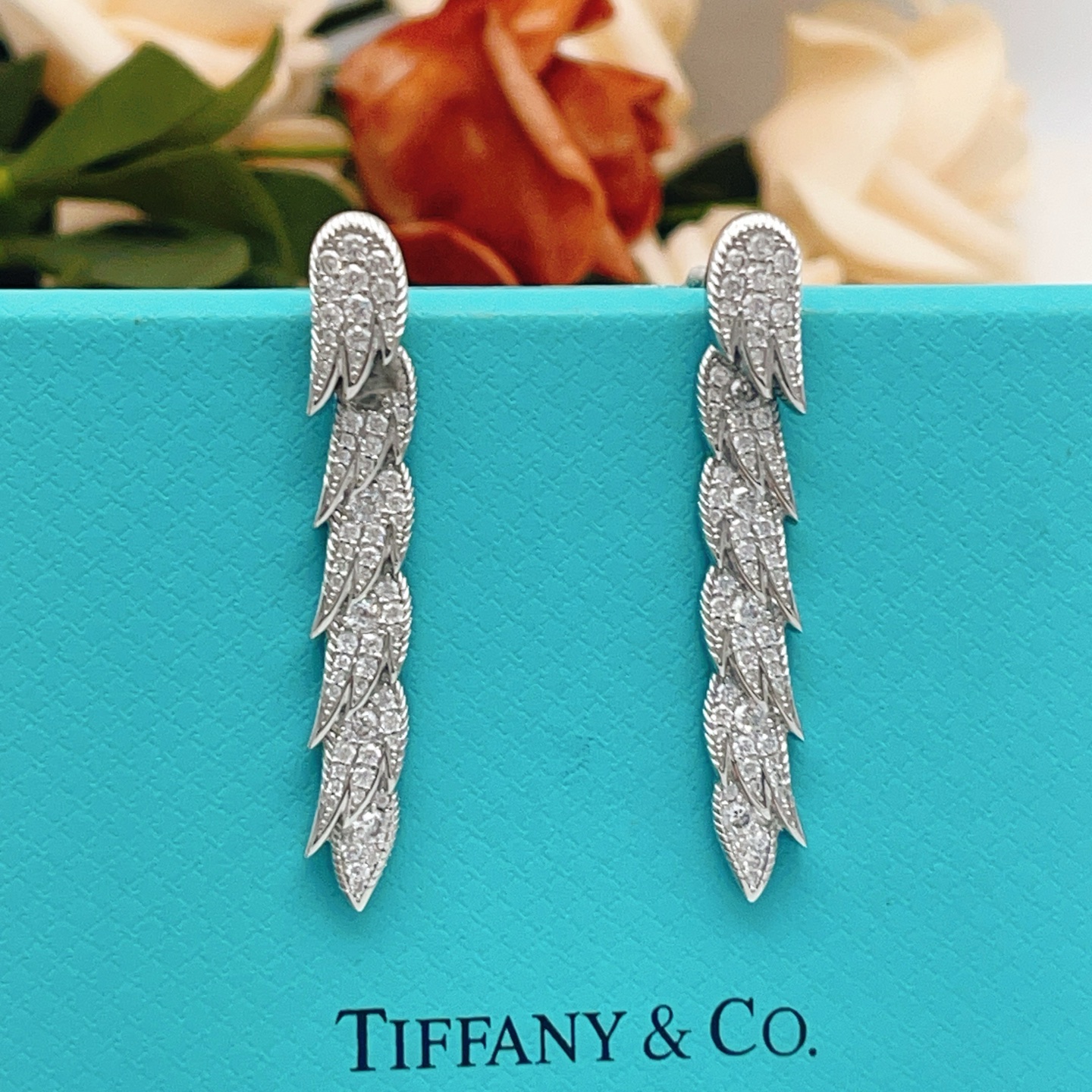 Tiffany Co Feather Pave Drop Earrings earrings Available in 18k yellow gold with clear diamonds 18k white gold with clear diamonds 18k rose gold with clear diamonds 4 5cm drop length