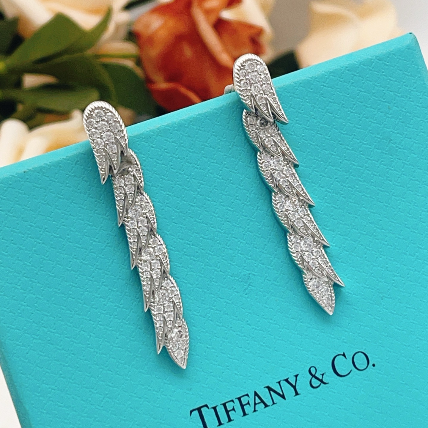 Tiffany Co Feather Pave Drop Earrings earrings Available in 18k yellow gold with clear diamonds 18k white gold with clear diamonds 18k rose gold with clear diamonds 4 5cm drop length