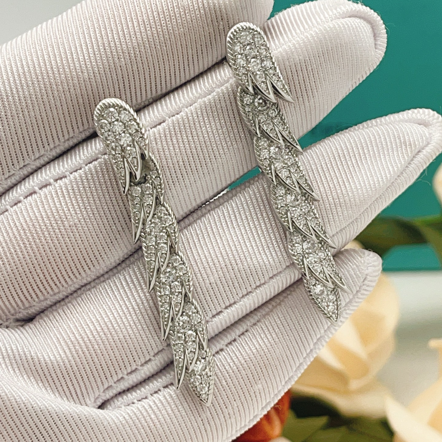Tiffany Co Feather Pave Drop Earrings earrings Available in 18k yellow gold with clear diamonds 18k white gold with clear diamonds 18k rose gold with clear diamonds 4 5cm drop length