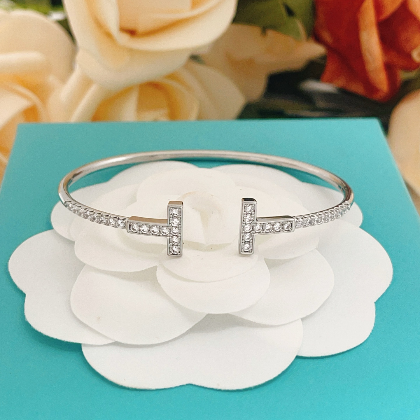 Tiffany Co T Wire bracelet 18k white gold with pave diamonds 17cm