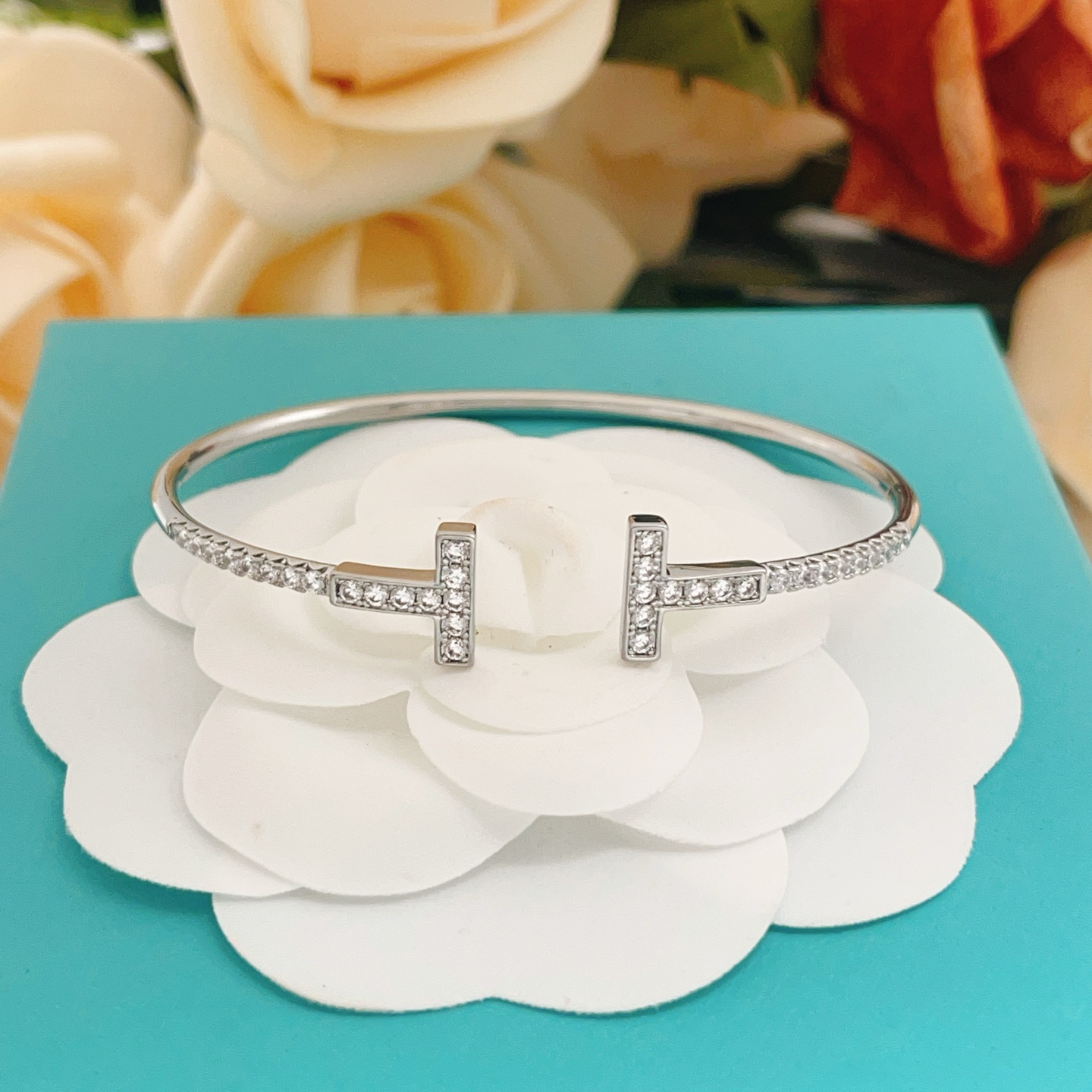 Tiffany Co T Wire bracelet 18k white gold with pave diamonds 17cm
