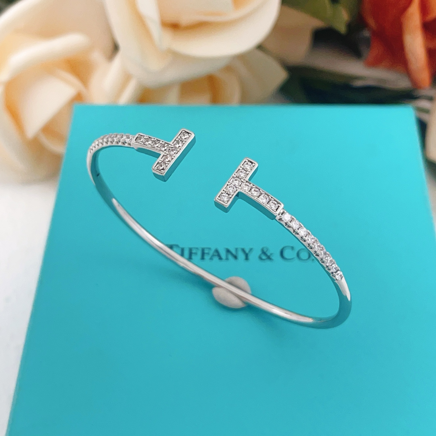 Tiffany Co T Wire bracelet 18k white gold with pave diamonds 17cm