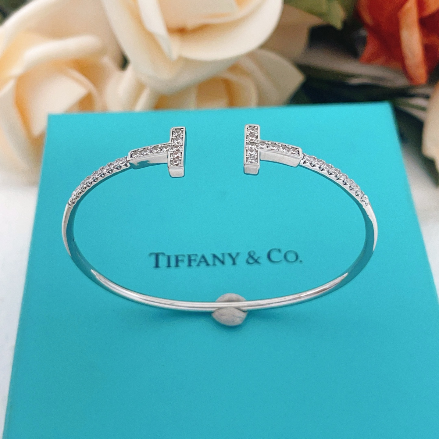 Tiffany Co T Wire bracelet 18k white gold with pave diamonds 17cm