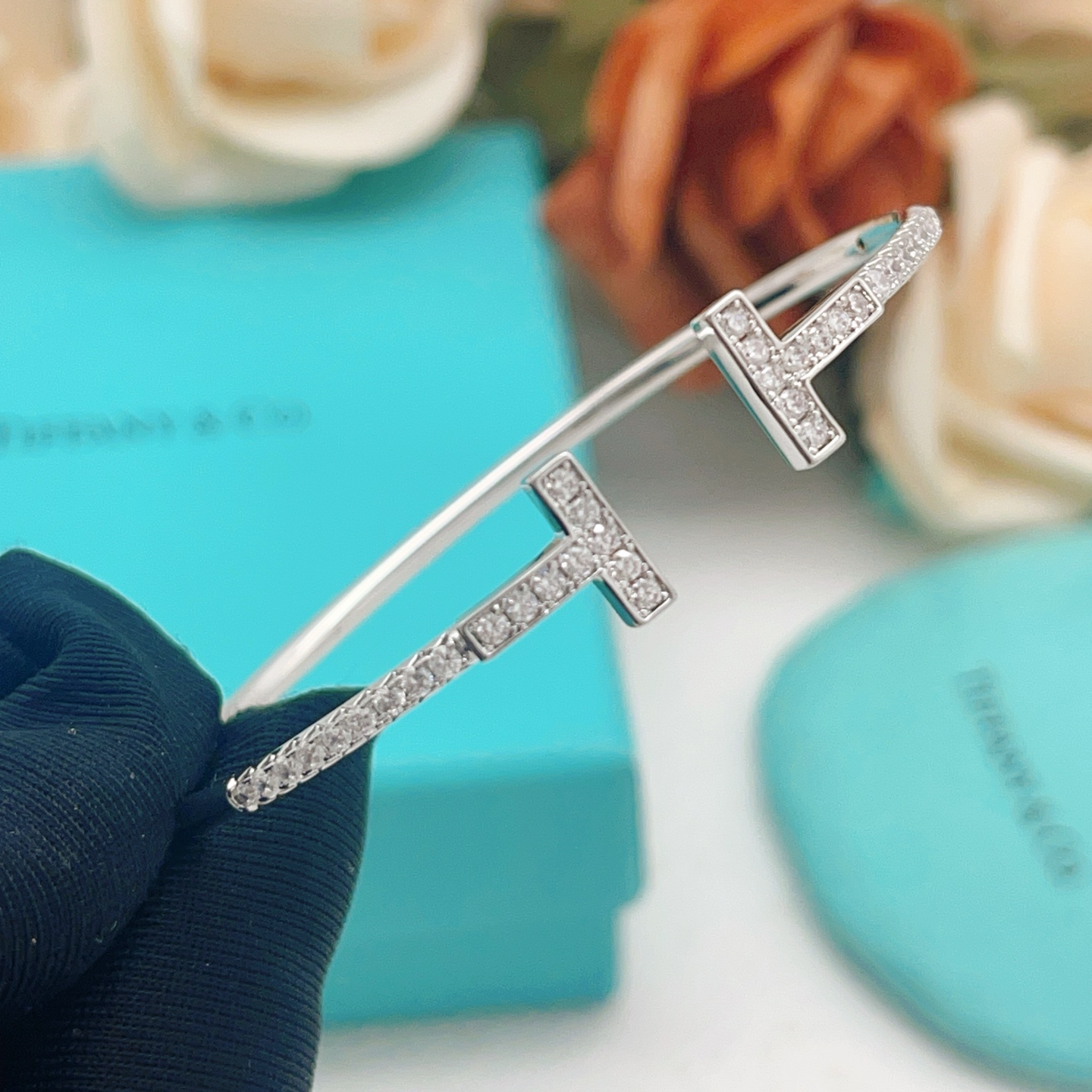 Tiffany Co T Wire bracelet 18k white gold with pave diamonds 17cm