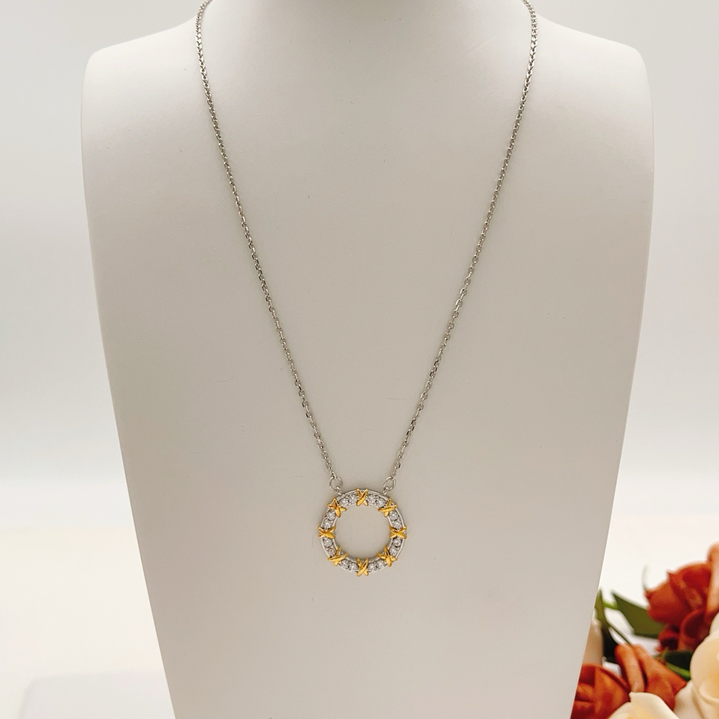 Tiffany Co Schlumberger X Circle Pendant necklace Sterling silver and 18k gold with clear diamonds 16 inches