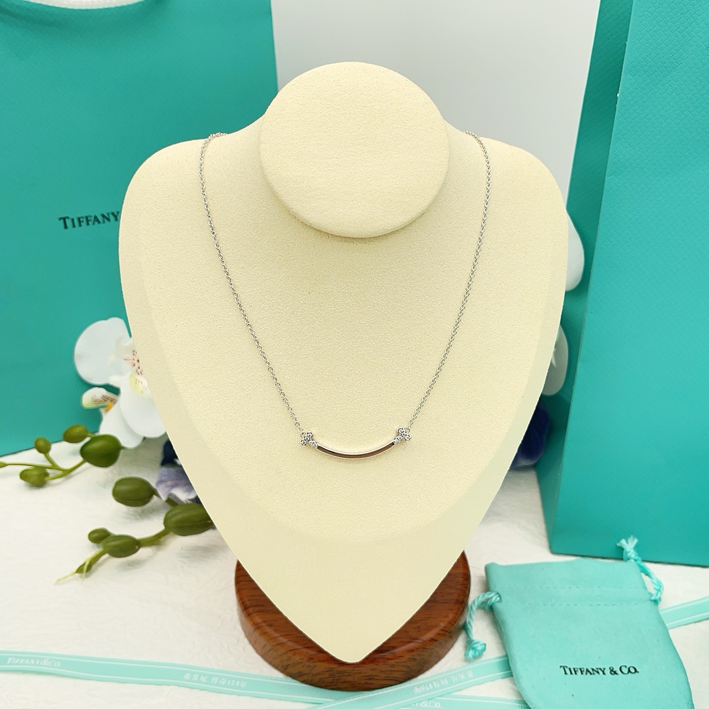 Tiffany Co T Smile necklace sterling silver with clear diamond accents 16-18 inches adjustable