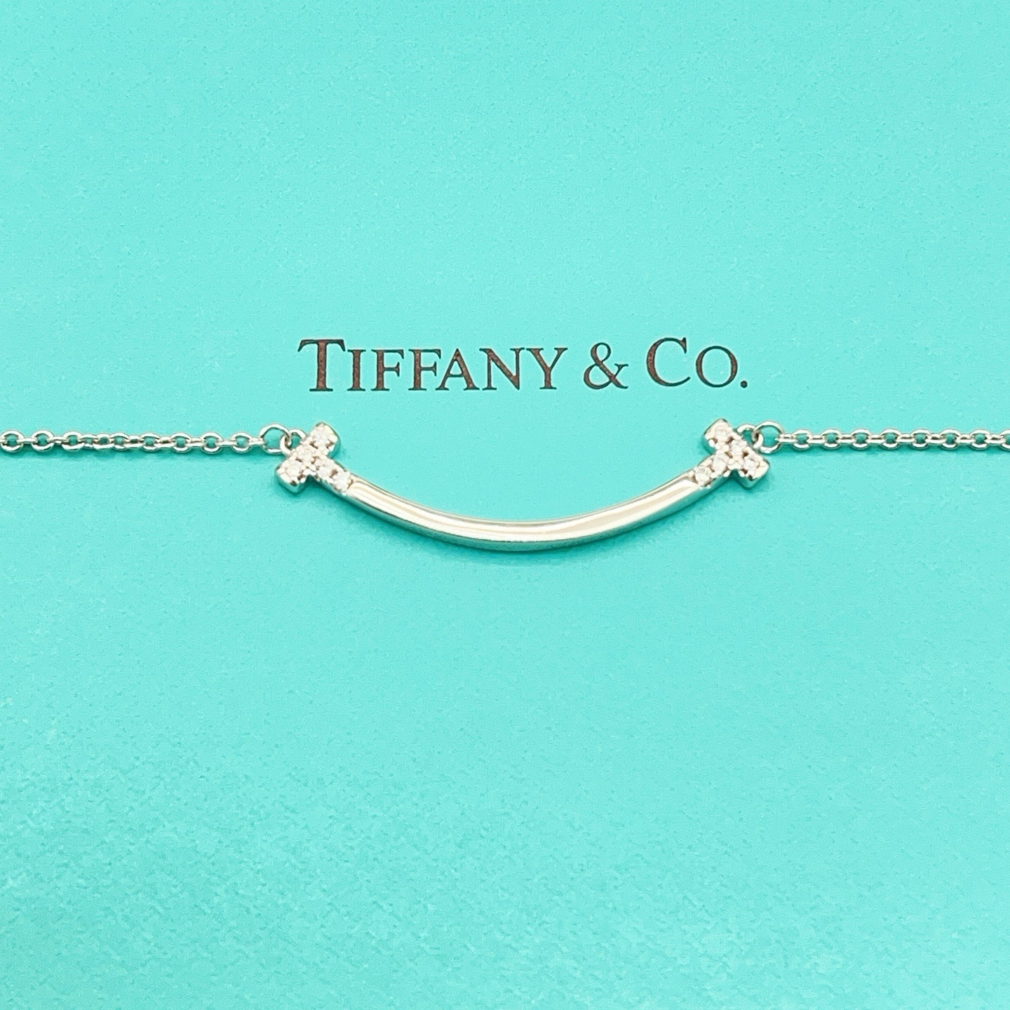 Tiffany Co T Smile necklace sterling silver with clear diamond accents 16-18 inches adjustable