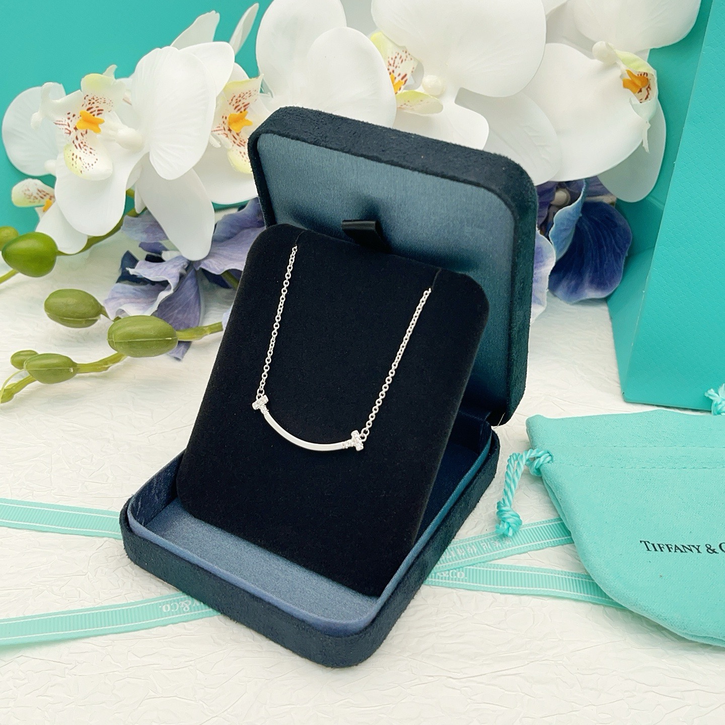 Tiffany Co T Smile necklace sterling silver with clear diamond accents 16-18 inches adjustable