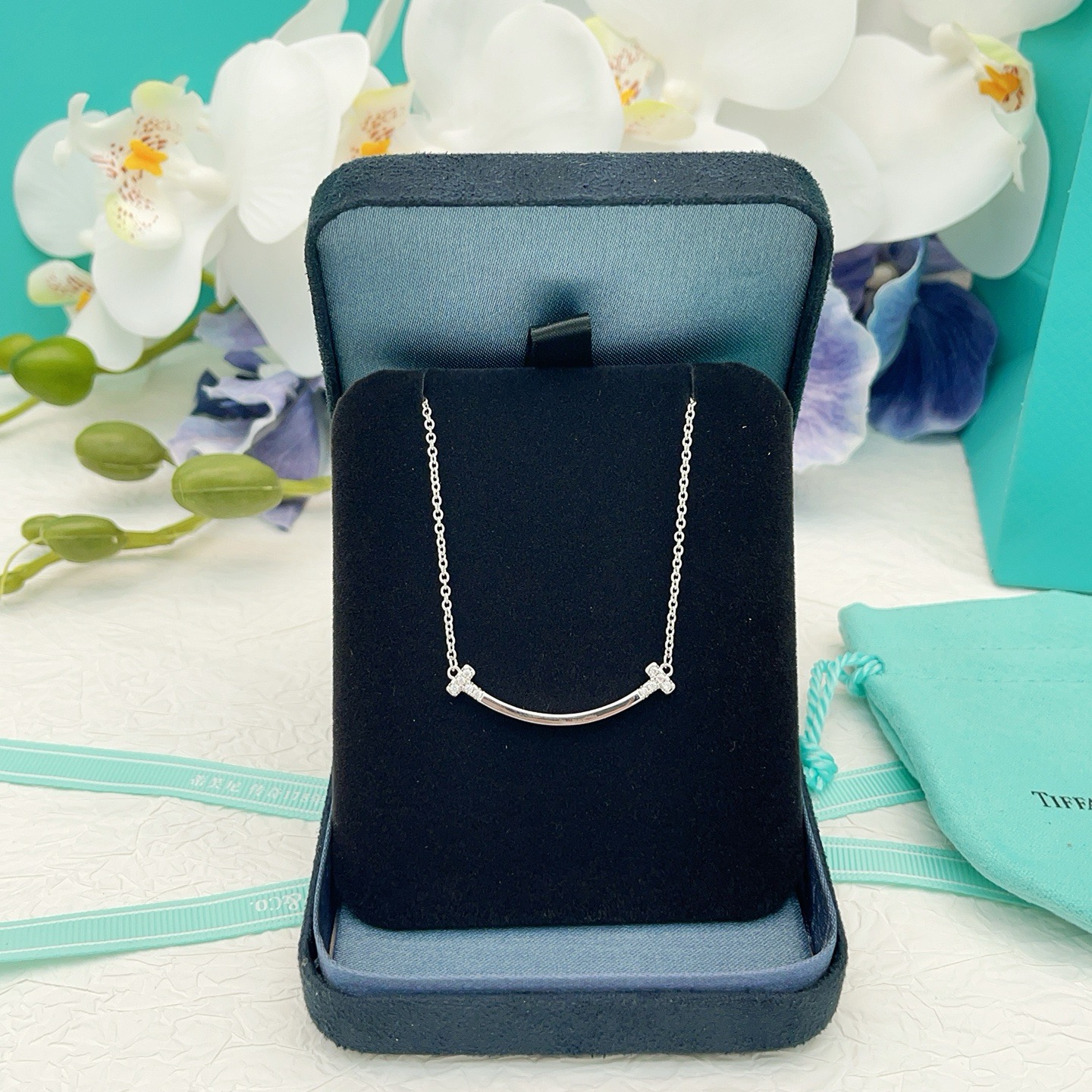 Tiffany Co T Smile necklace sterling silver with clear diamond accents 16-18 inches adjustable