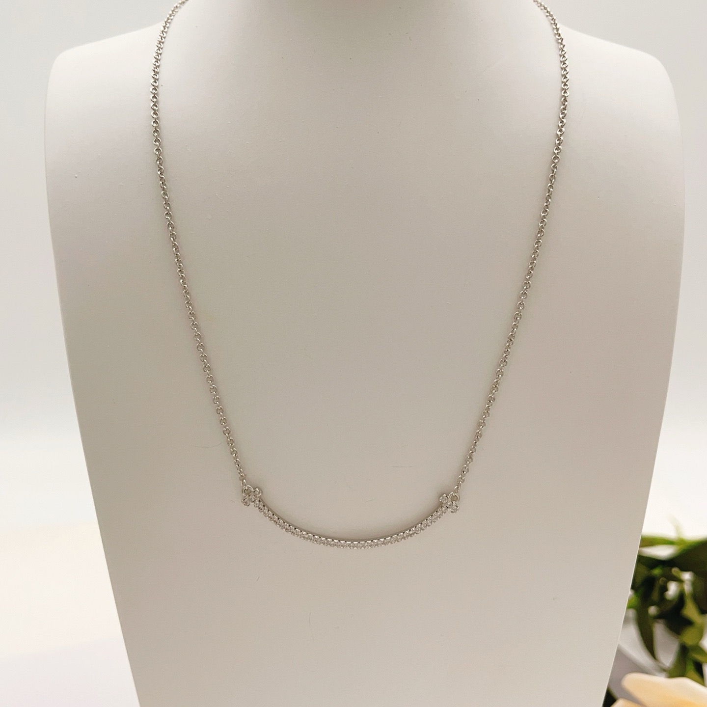 Tiffany Co T Smile necklace silver-toned white gold with clear diamond accents 16-18 inches adjustable