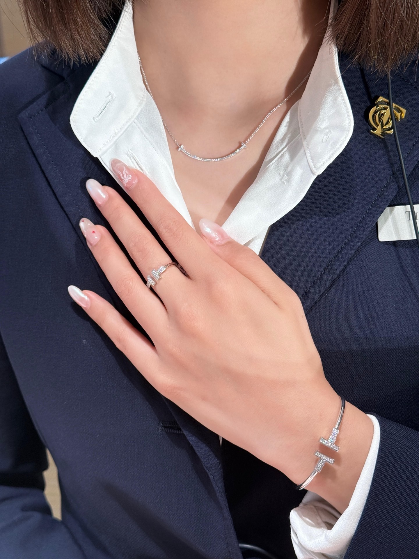 Tiffany Co T Smile necklace silver-toned white gold with clear diamond accents 16-18 inches adjustable