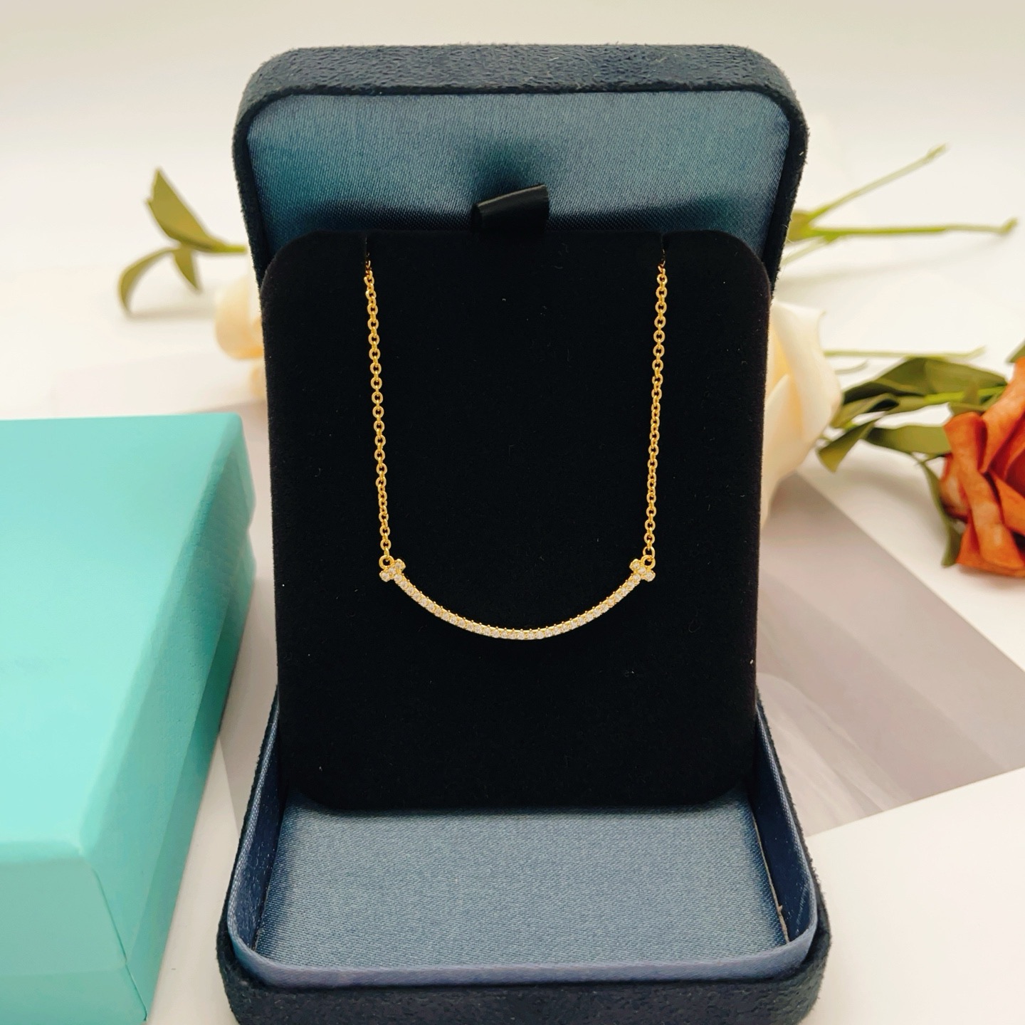 Tiffany Co T Smile necklace yellow gold with clear diamond accents 16-18 inches adjustable
