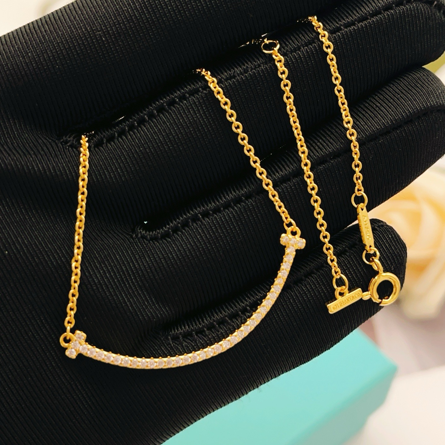 Tiffany Co T Smile necklace yellow gold with clear diamond accents 16-18 inches adjustable