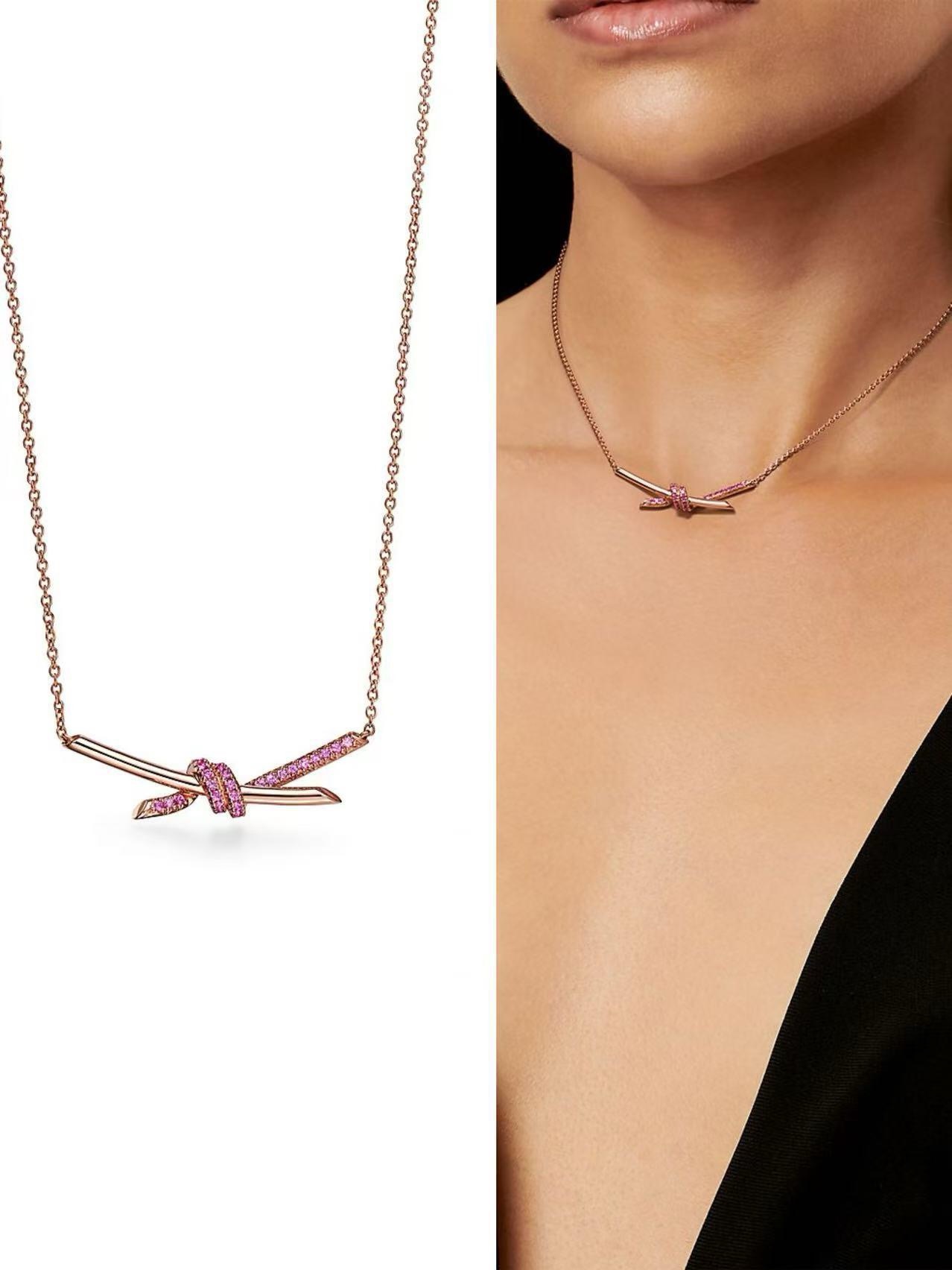 Tiffany Co Knot necklace 18K rose gold with ruby red gemstones 40-45cm adjustable