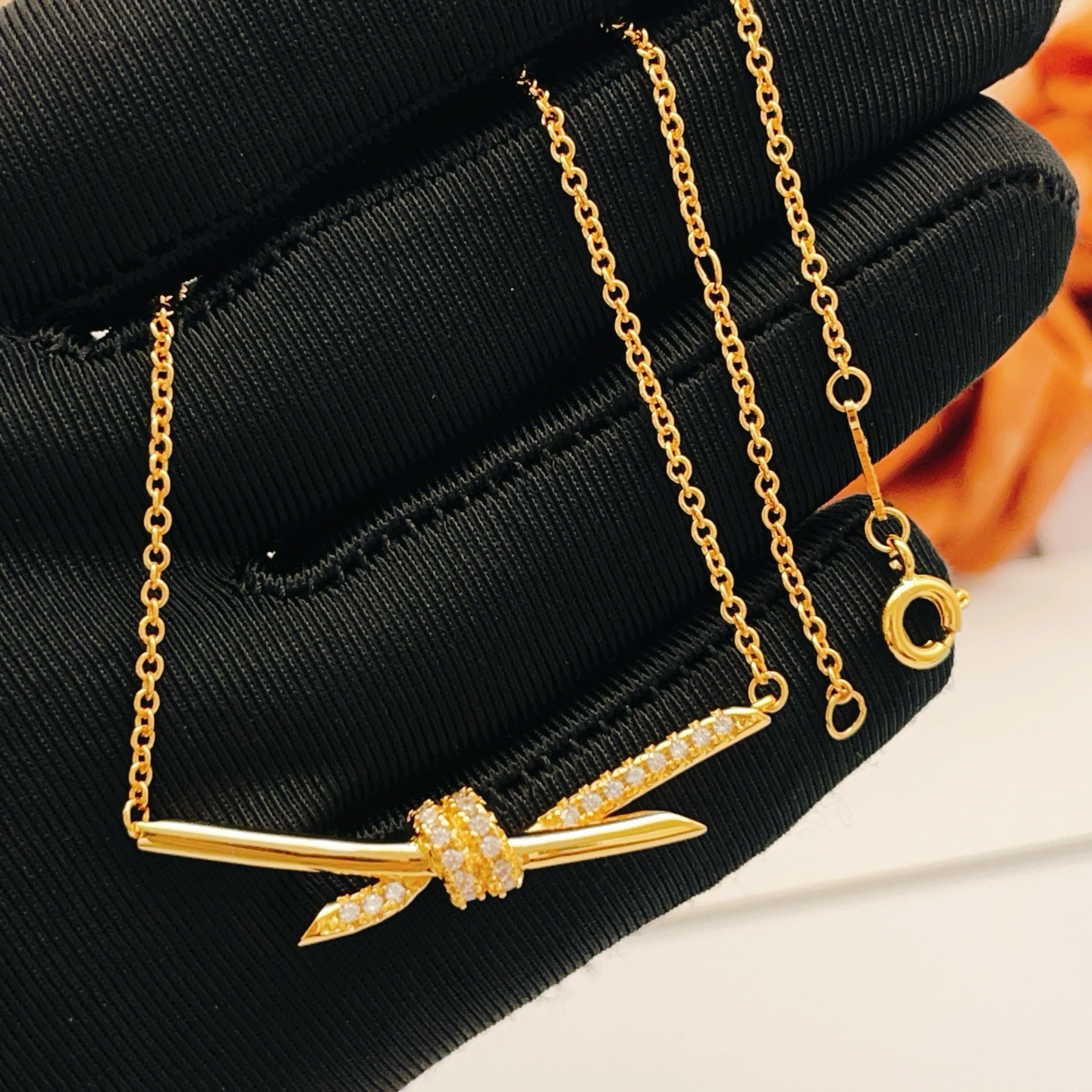 Tiffany Knot necklace Yellow gold with clear diamond accents 45cm