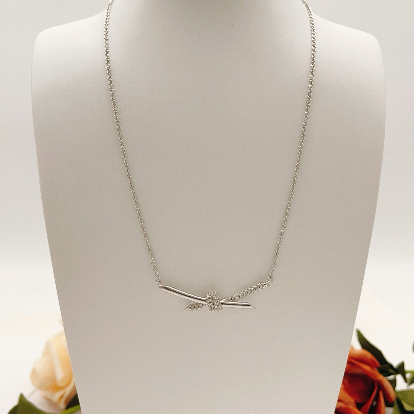 Tiffany Co Tiffany Knot necklace sterling silver with clear diamond accents 40cm with 5cm extender