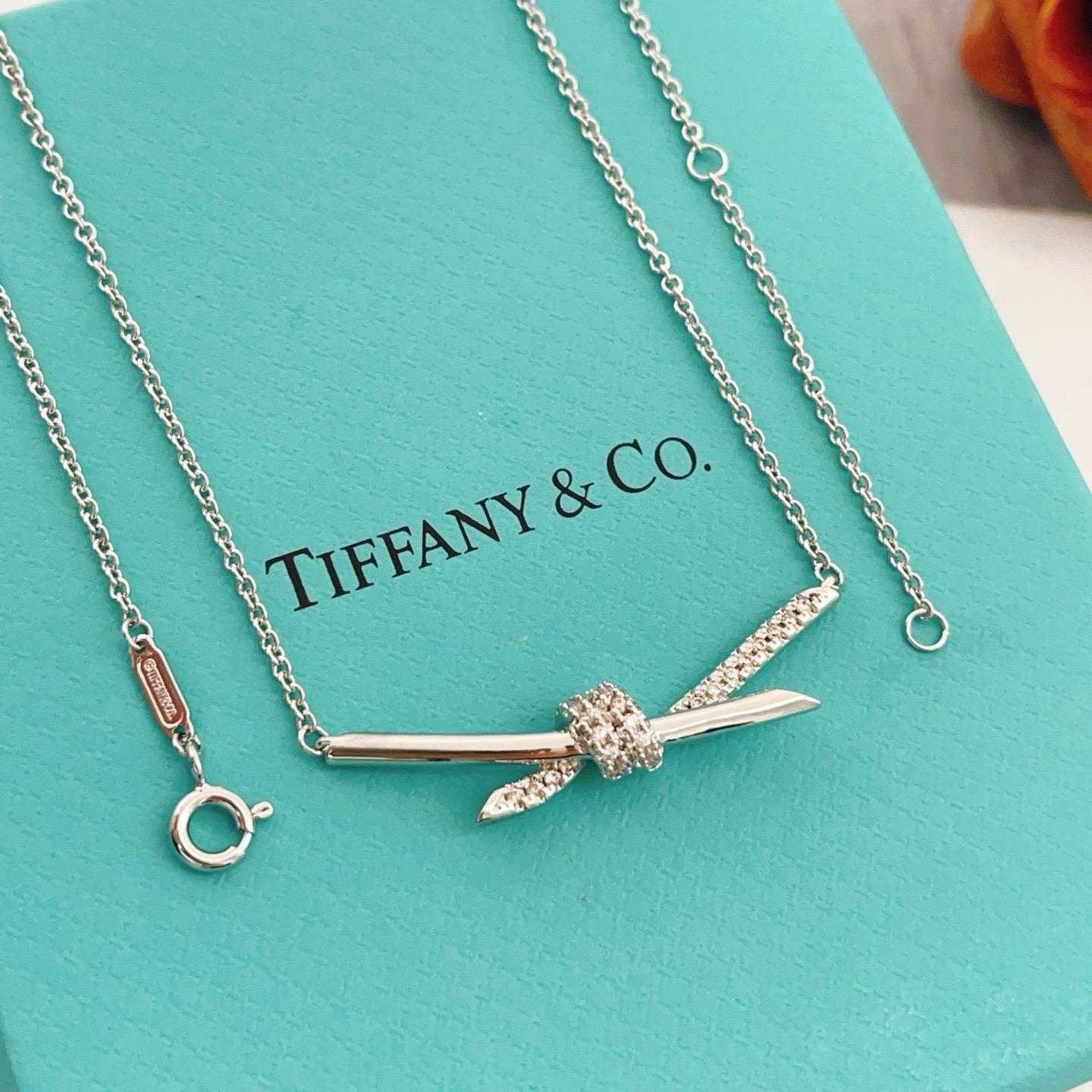Tiffany Co Tiffany Knot necklace sterling silver with clear diamond accents 40cm with 5cm extender