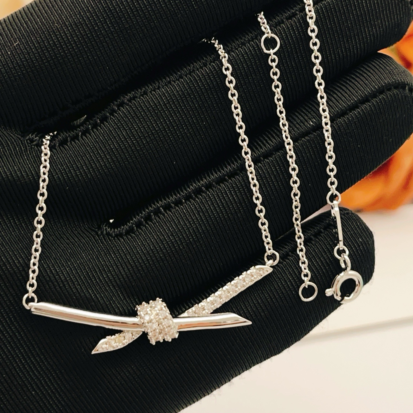 Tiffany Co Tiffany Knot necklace sterling silver with clear diamond accents 40cm with 5cm extender