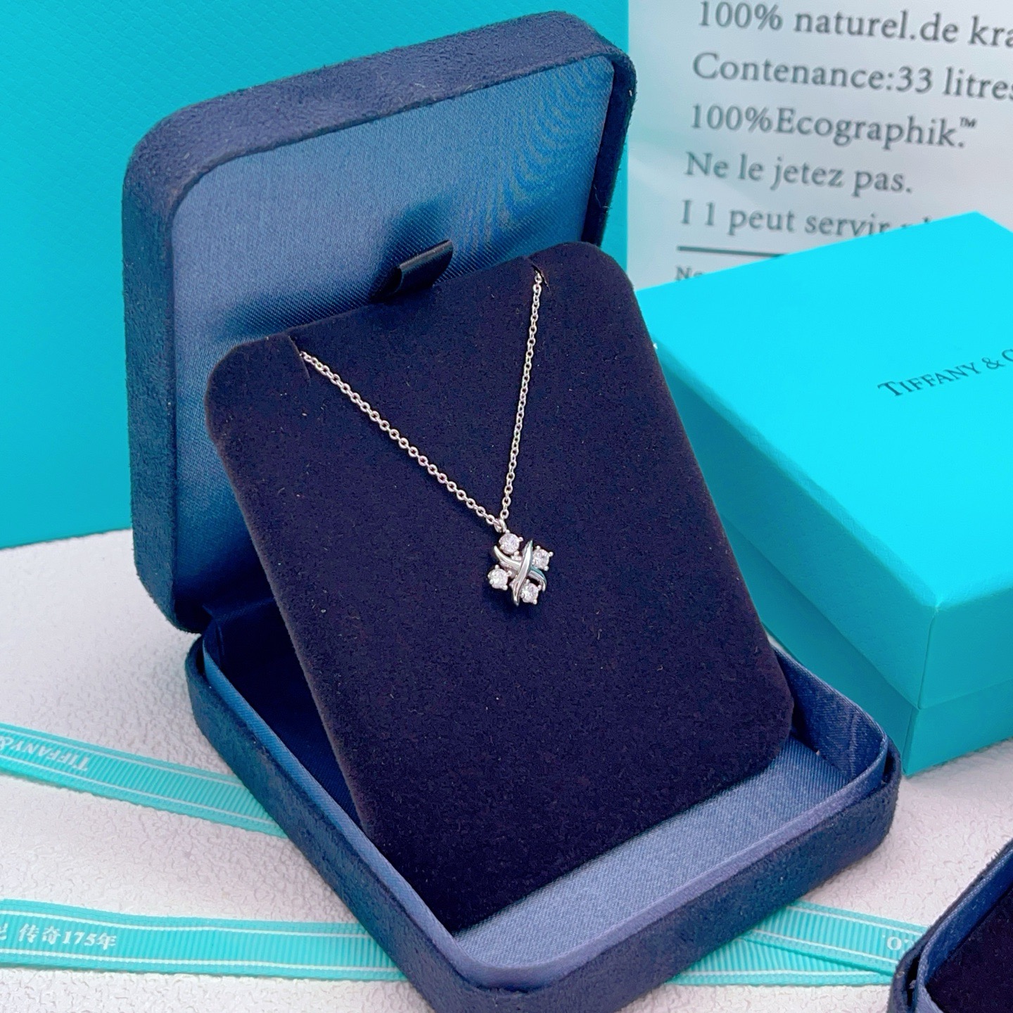 Tiffany Co Schlumberger Lynn necklace sterling silver with clear round diamonds 40cm with 5cm extender
