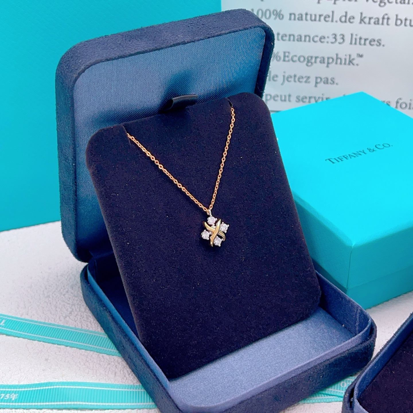 Tiffany Co Schlumberger Lynn necklace yellow gold with clear diamond accents 16 inches